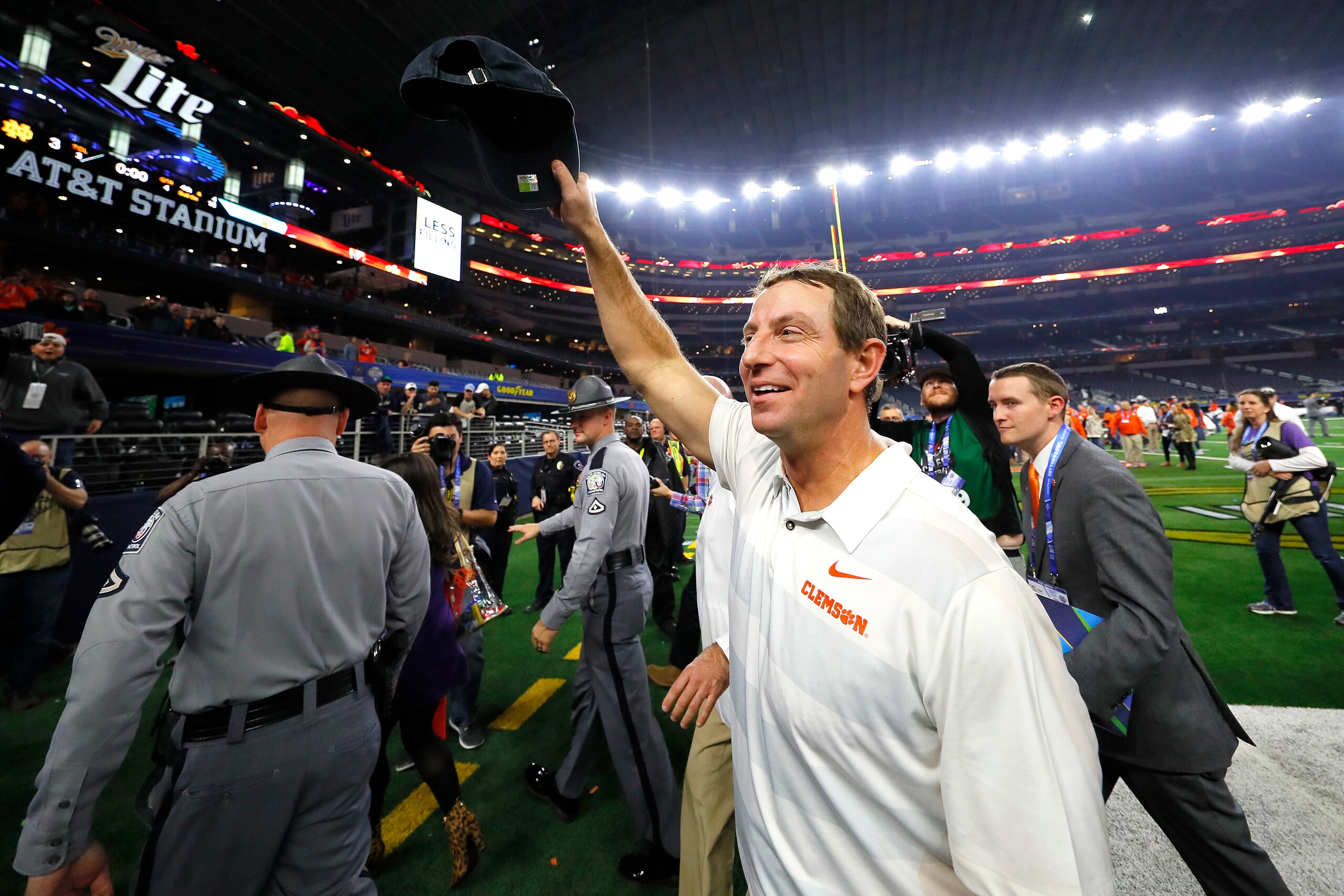 ARLINGTON, TEXAS - DECEMBER 29: Head coach Dabo Swinney of the Clemson Tigers celebrates after defeating the Notre Dame Fighting Irish during the College Football Playoff Semifinal Goodyear Cotton Bowl Classic at AT&T Stadium on December 29, 2018 in Arlin