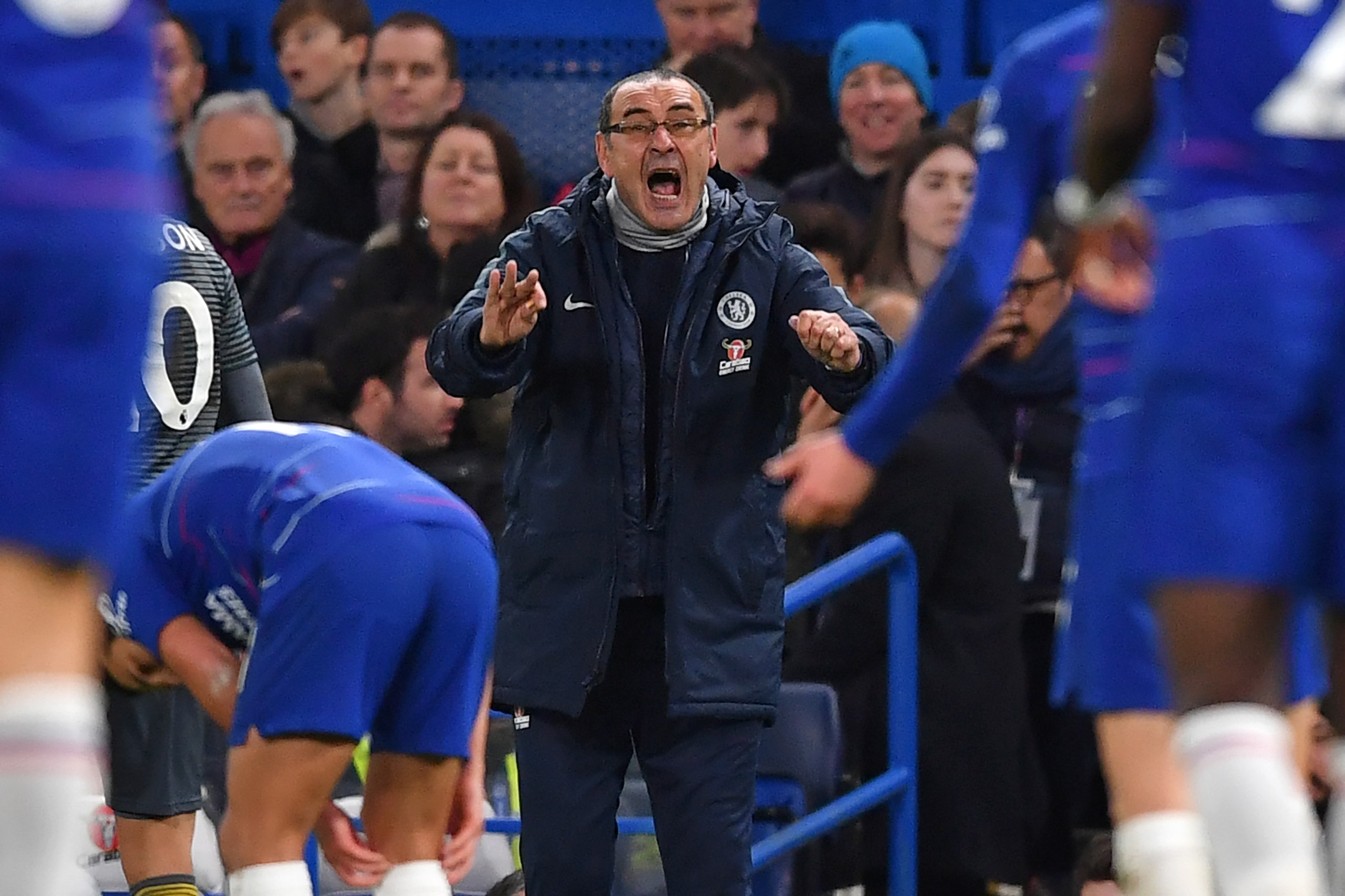 Chelsea's Italian head coach Maurizio Sarri gestures on the touchline during the English Premier League football match between Chelsea and Leicester City at Stamford Bridge in London on December 22, 2018. (Photo by Ben STANSALL / AFP) / RESTRICTED TO EDIT