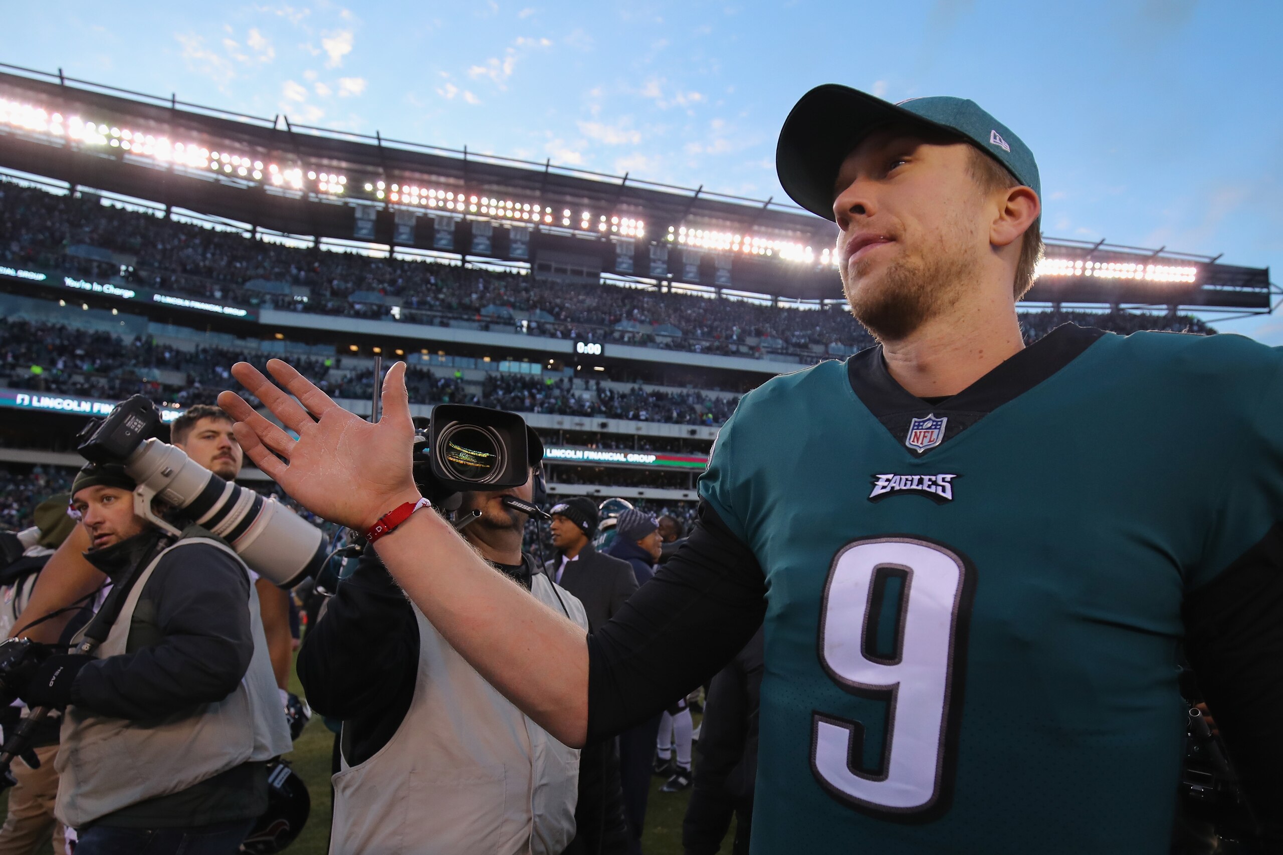 PHILADELPHIA, PA - DECEMBER 23:  Quarterback Nick Foles #9 of the Philadelphia Eagles celebrates after their 32-30 win over the Houston Texans at Lincoln Financial Field on December 23, 2018 in Philadelphia, Pennsylvania.  (Photo by Brett Carlsen/Getty Im