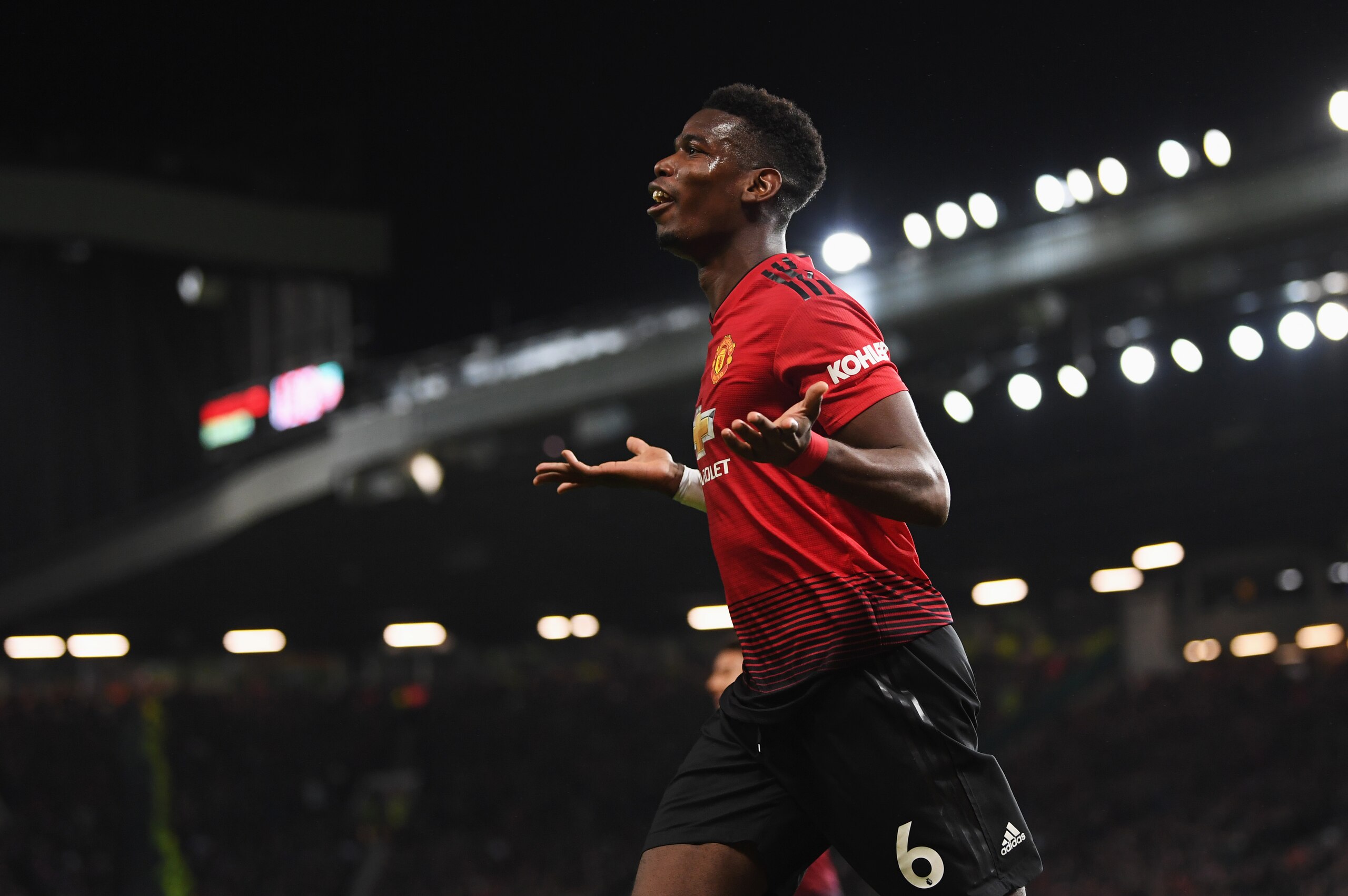 MANCHESTER, ENGLAND - DECEMBER 30:  Paul Pogba of Manchester United celebrates as he scores his team's second goal during the Premier League match between Manchester United and AFC Bournemouth at Old Trafford on December 30, 2018 in Manchester, United Kin