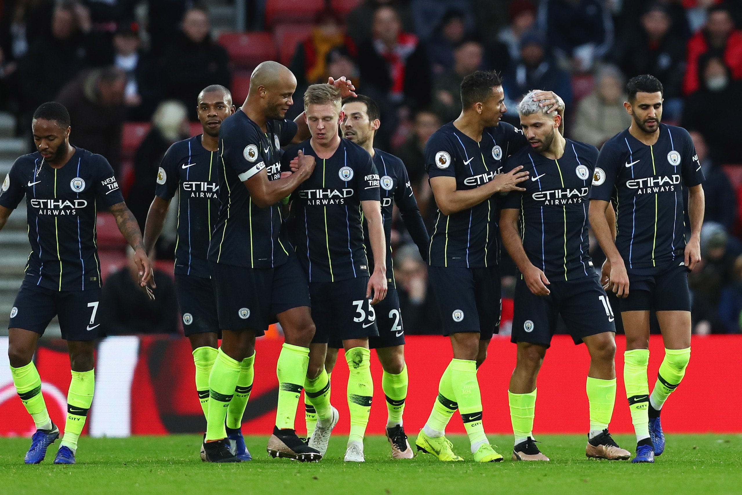 SOUTHAMPTON, ENGLAND - DECEMBER 30:  Sergio Aguero of Manchester City (2R) celebrates with team mates as he scores his team's third goal during the Premier League match between Southampton FC and Manchester City at St Mary's Stadium on December 29, 2018 i