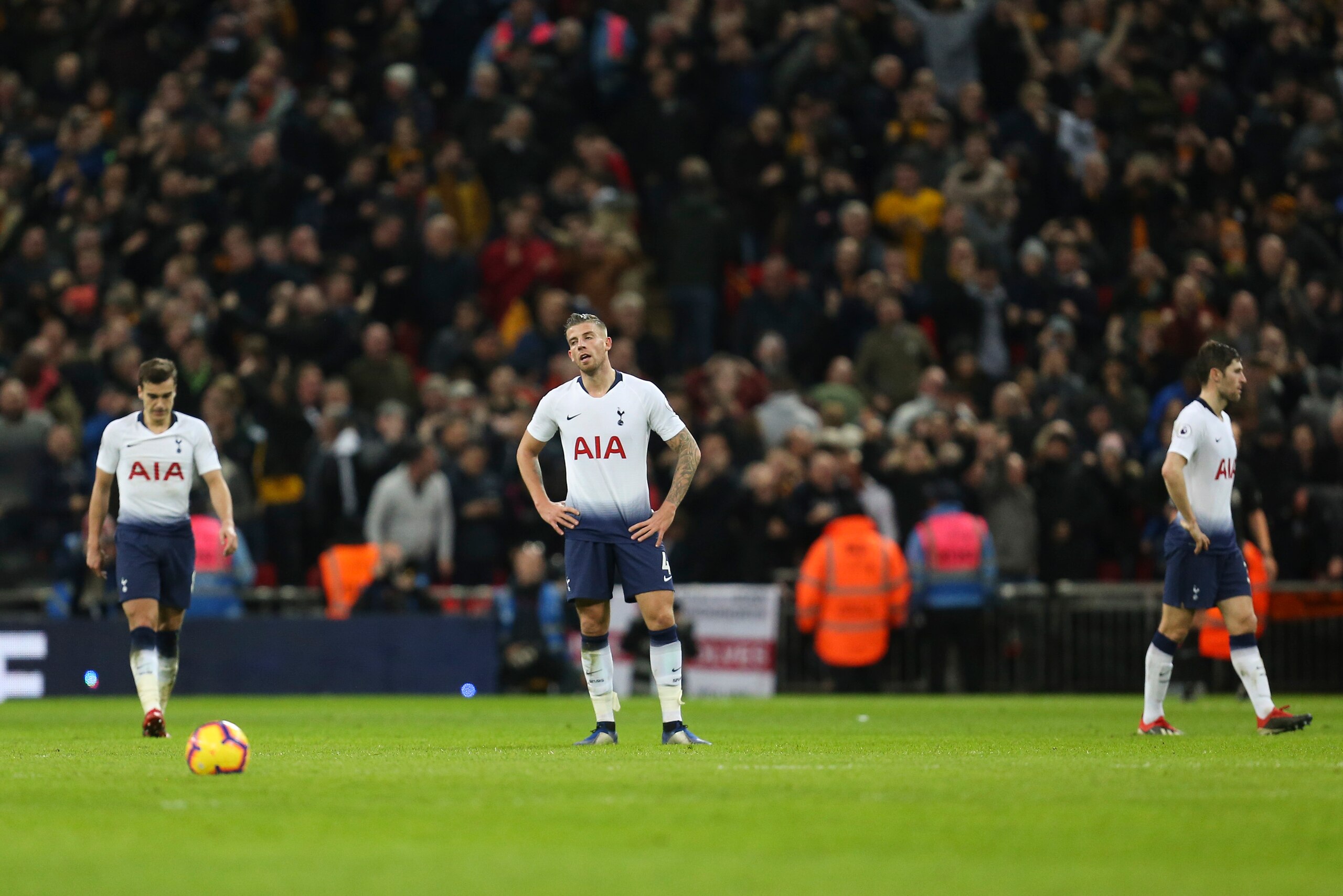 LONDON, ENGLAND - DECEMBER 29: A dejected Toby Alderweireld of Tottenham Hotspur after Helder Costa of Wolverhampton Wanderers scores a goal to make it 1-3 during the Premier League match between Tottenham Hotspur and Wolverhampton Wanderers at Wembley St