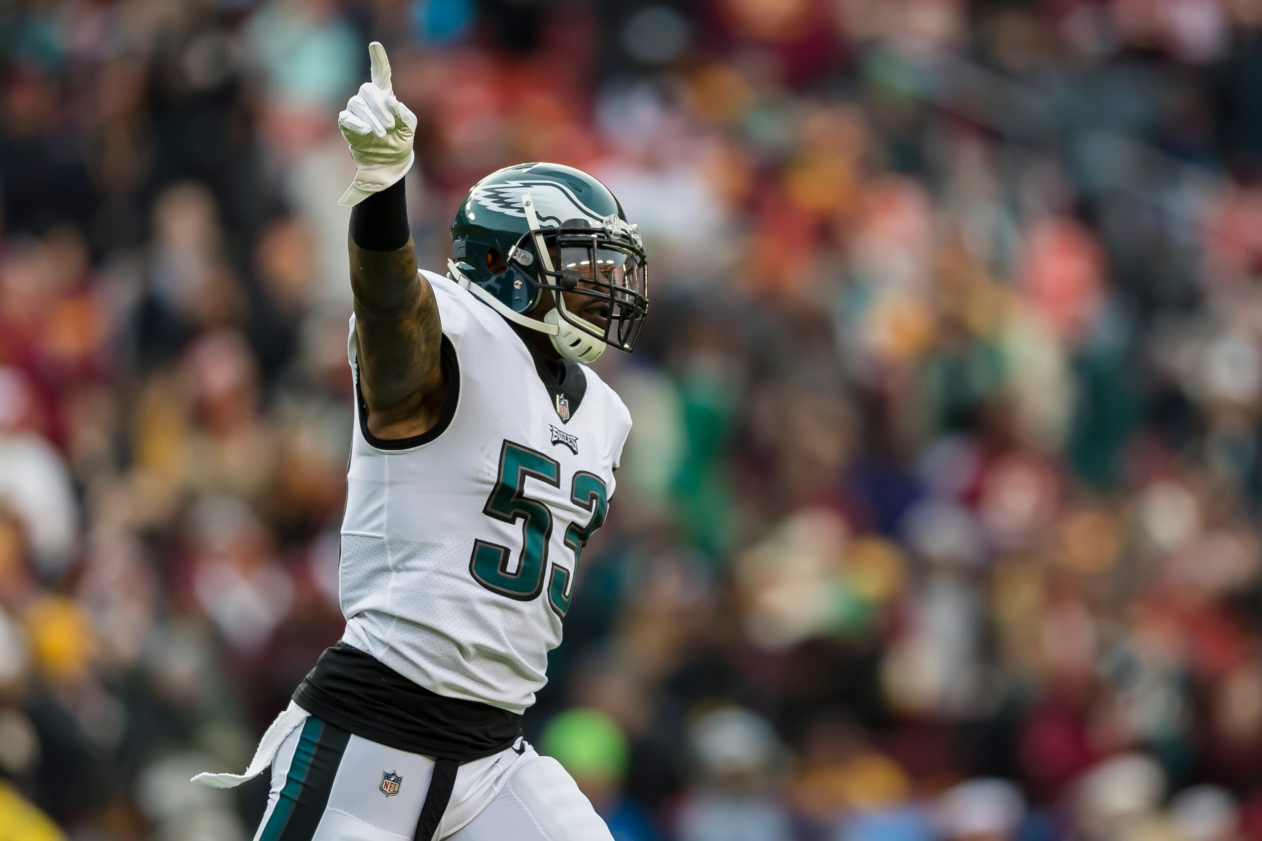 LANDOVER, MD - DECEMBER 30: Nigel Bradham #53 of the Philadelphia Eagles reacts against the Washington Redskins during the first half at FedExField on December 30, 2018 in Landover, Maryland. (Photo by Scott Taetsch/Getty Images)