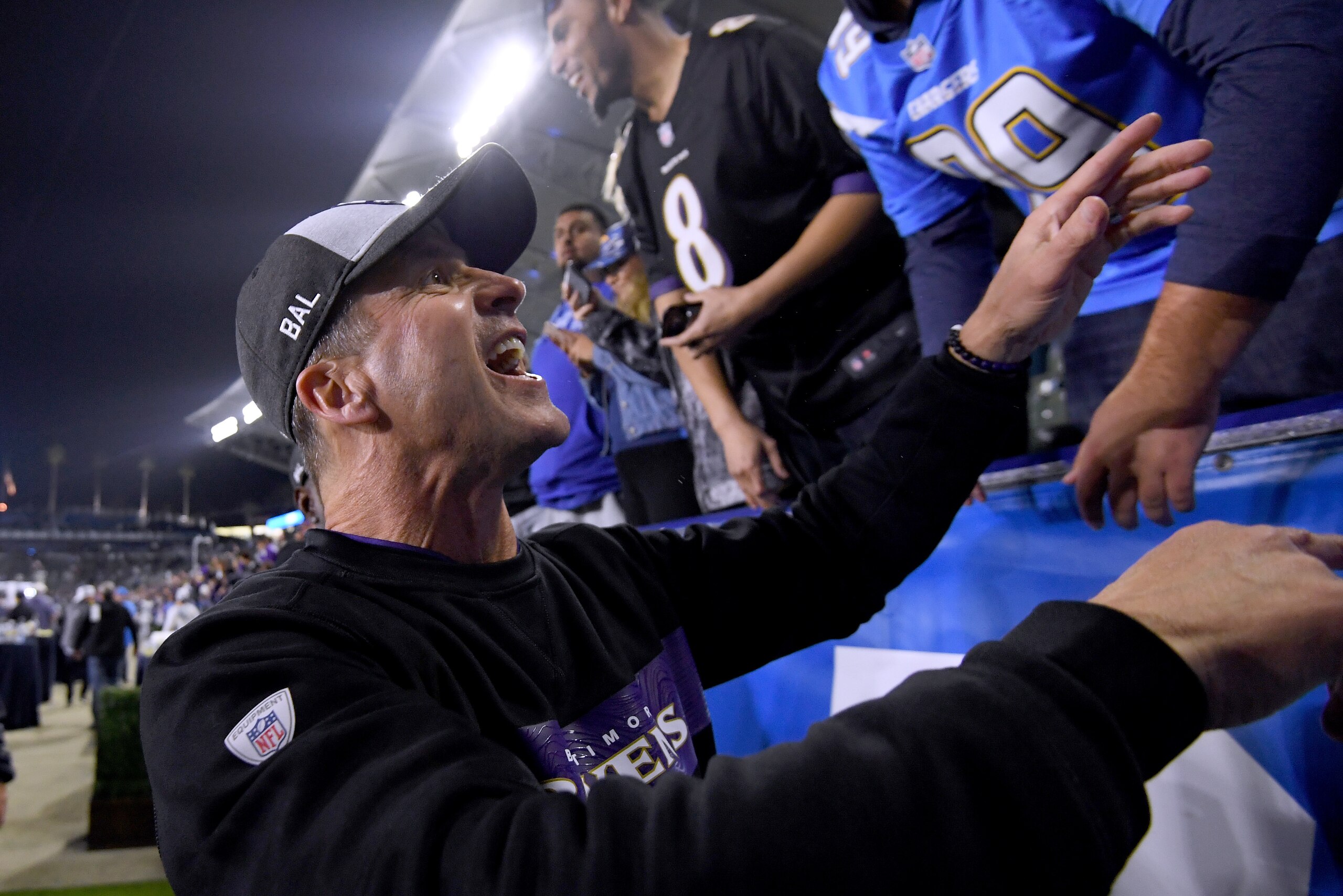 CARSON, CALIFORNIA - DECEMBER 22: Head coach John Harbaugh of the Baltimore Ravens celebrates a 22-10 Ravens win over the Los Angeles Chargers at StubHub Center on December 22, 2018 in Carson, California. (Photo by Harry How/Getty Images) CARSON, CALIFORNIA - DECEMBER 22: Head coach John Harbaugh of the Baltimore Ravens celebrates a 22-10 Ravens win over the Los Angeles Chargers at StubHub Center on December 22, 2018 in Carson, California. (Photo by Harry How/Getty Images)