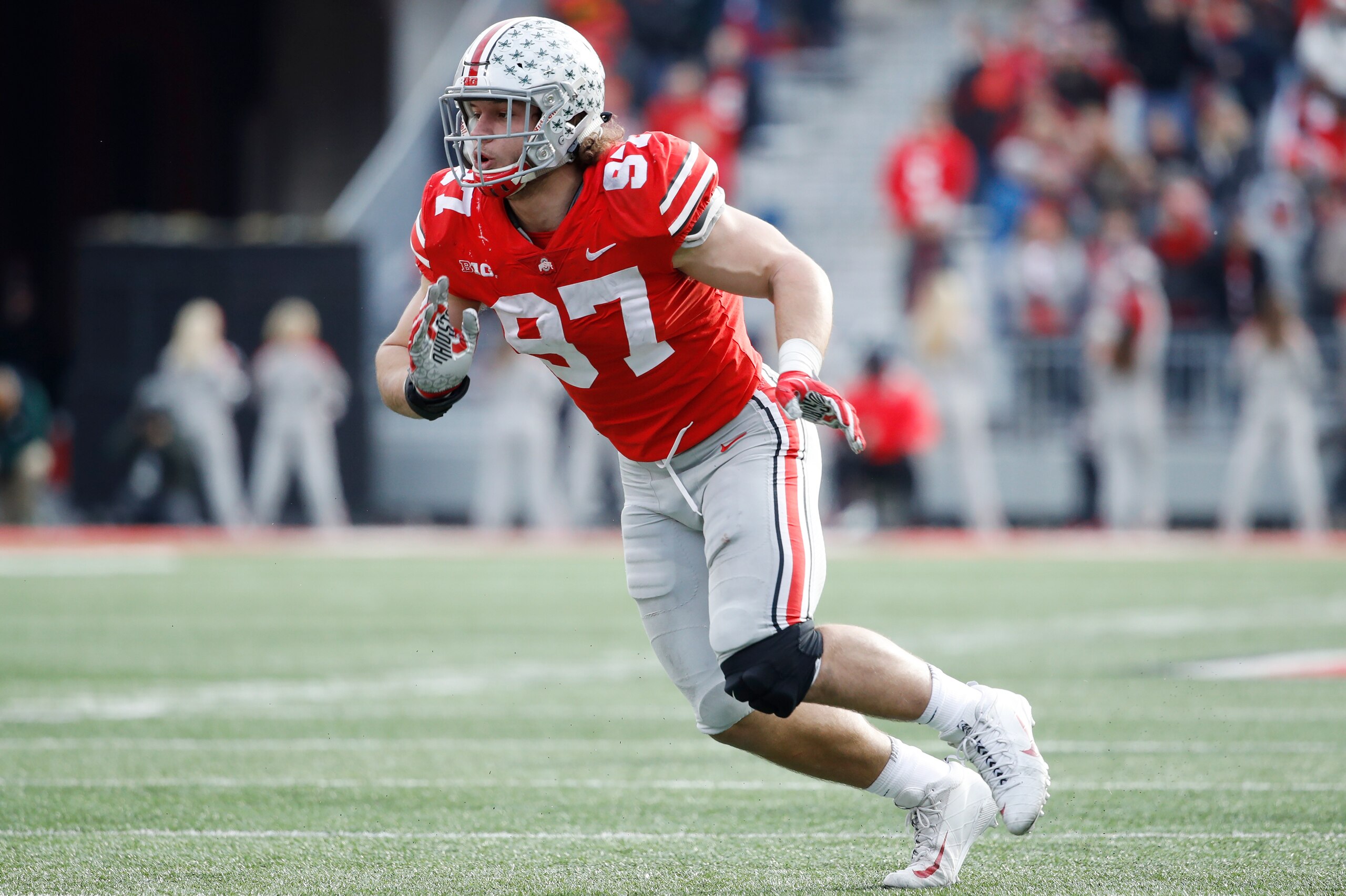 COLUMBUS, OH - NOVEMBER 11: Nick Bosa #97 of the Ohio State Buckeyes in action during a game against the Michigan State Spartans at Ohio Stadium on November 11, 2017 in Columbus, Ohio. Ohio State won 48-3. (Photo by Joe Robbins/Getty Images)