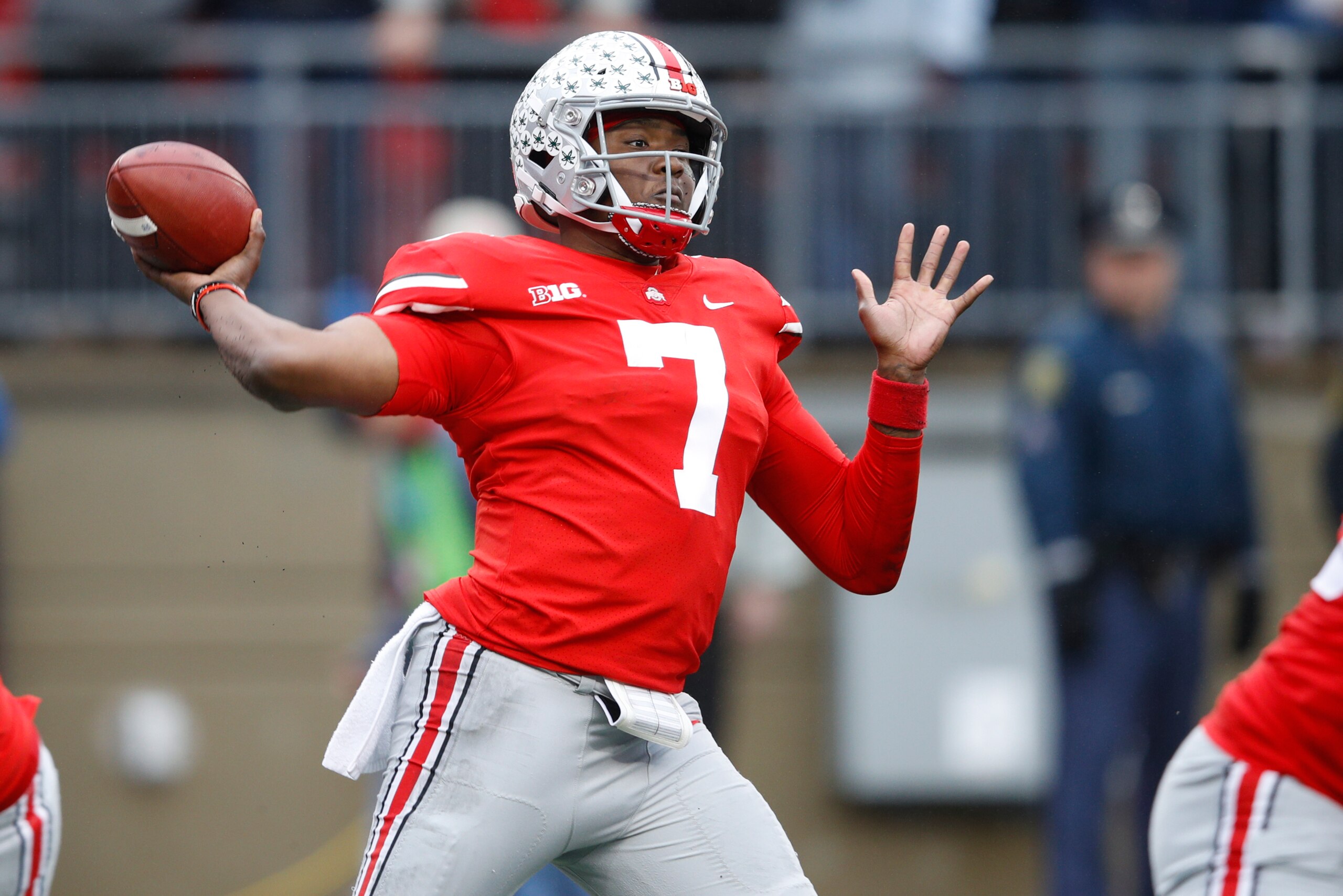 COLUMBUS, OH - NOVEMBER 24: Dwayne Haskins #7 of the Ohio State Buckeyes throws a pass during the game against the Michigan Wolverines at Ohio Stadium on November 24, 2018 in Columbus, Ohio. Ohio State won 62-39. (Photo by Joe Robbins/Getty Images)