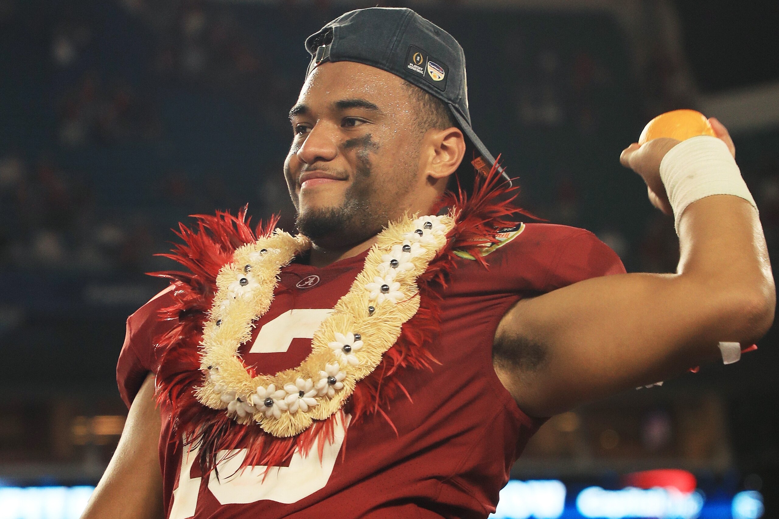 MIAMI, FL - DECEMBER 29:  Tua Tagovailoa #13 of the Alabama Crimson Tide celebrates after the win over the Oklahoma Sooners during the College Football Playoff Semifinal at the Capital One Orange Bowl at Hard Rock Stadium on December 29, 2018 in Miami, Fl