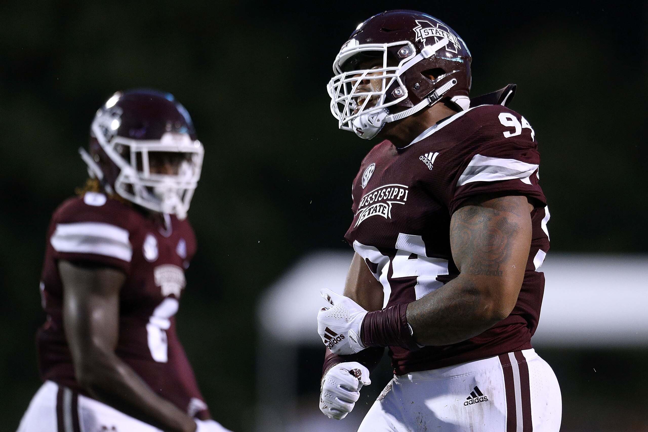 STARKVILLE, MS - SEPTEMBER 01: Jeffery Simmons #94 of the Mississippi State Bulldogs reacts during a game against the Stephen F. Austin Lumberjacks at Davis Wade Stadium on September 1, 2018 in Starkville, Mississippi.  (Photo by Jonathan Bachman/Getty Im