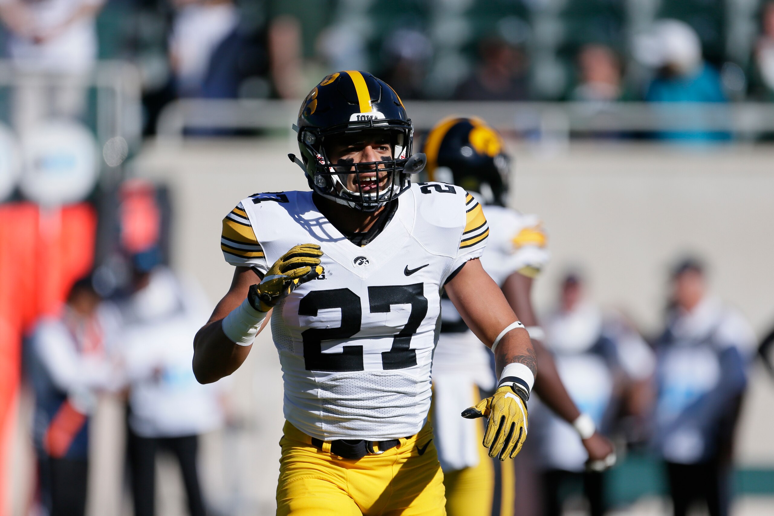 EAST LANSING, MI - SEPTEMBER 30:  Defensive back Amani Hooker #27 of the Iowa Hawkeyes before a game against the Michigan State Spartans at Spartan Stadium on September 30, 2017 in East Lansing, Michigan. (Photo by Duane Burleson/Getty Images)