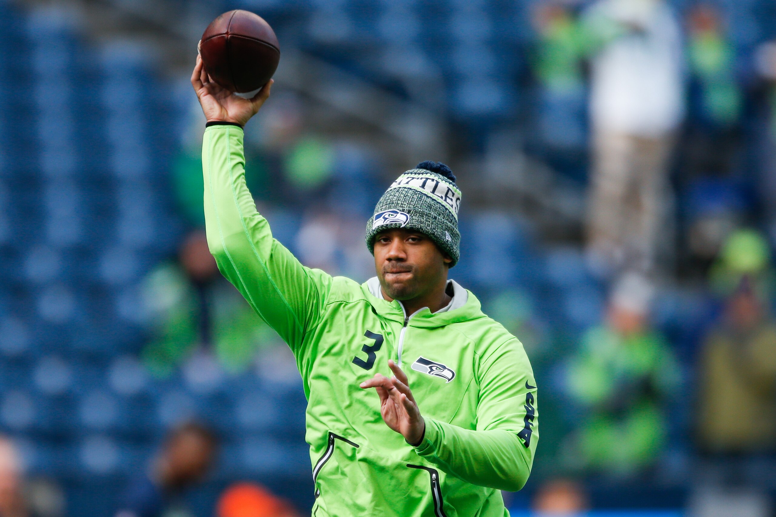 SEATTLE, WA - DECEMBER 30: Russell Wilson #3 of the Seattle Seahawks throws the ball during warm-ups before the game against the Arizona Cardinals at CenturyLink Field on December 30, 2018 in Seattle, Washington. (Photo by Otto Greule Jr/Getty Images)