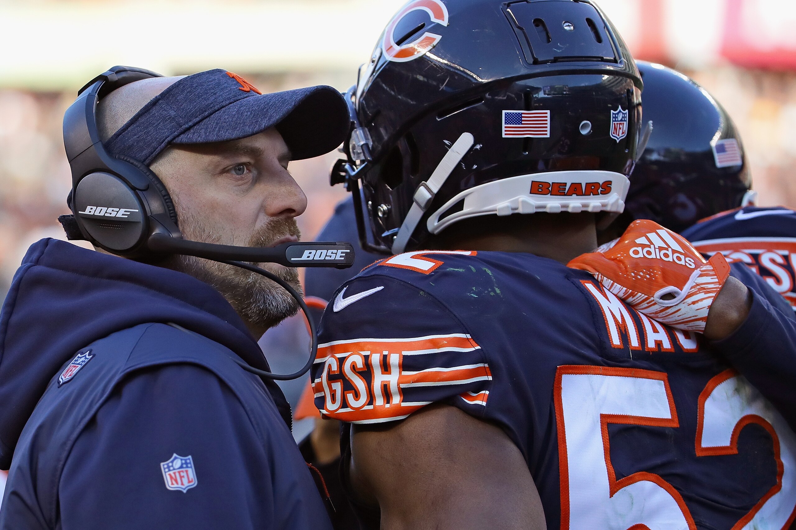 CHICAGO, IL - DECEMBER 16:  Head coach Matt Naty of the Chicago Bears talks with Khalil Mack #52 and Eddie Jackson #39 as they leave the field against the Green Bay Packers at Soldier Field on December 16, 2018 in Chicago, Illinois. The Bears defeated the