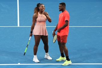 PERTH, AUSTRALIA - DECEMBER 31: Serena Williams and Frances Tiafoe of the United States share a moment in the mixed doubles match against Maria Sakkari and TS during day three of the 2019 Hopman Cup at RAC Arena on December 31, 2018 in Perth, Australia. (