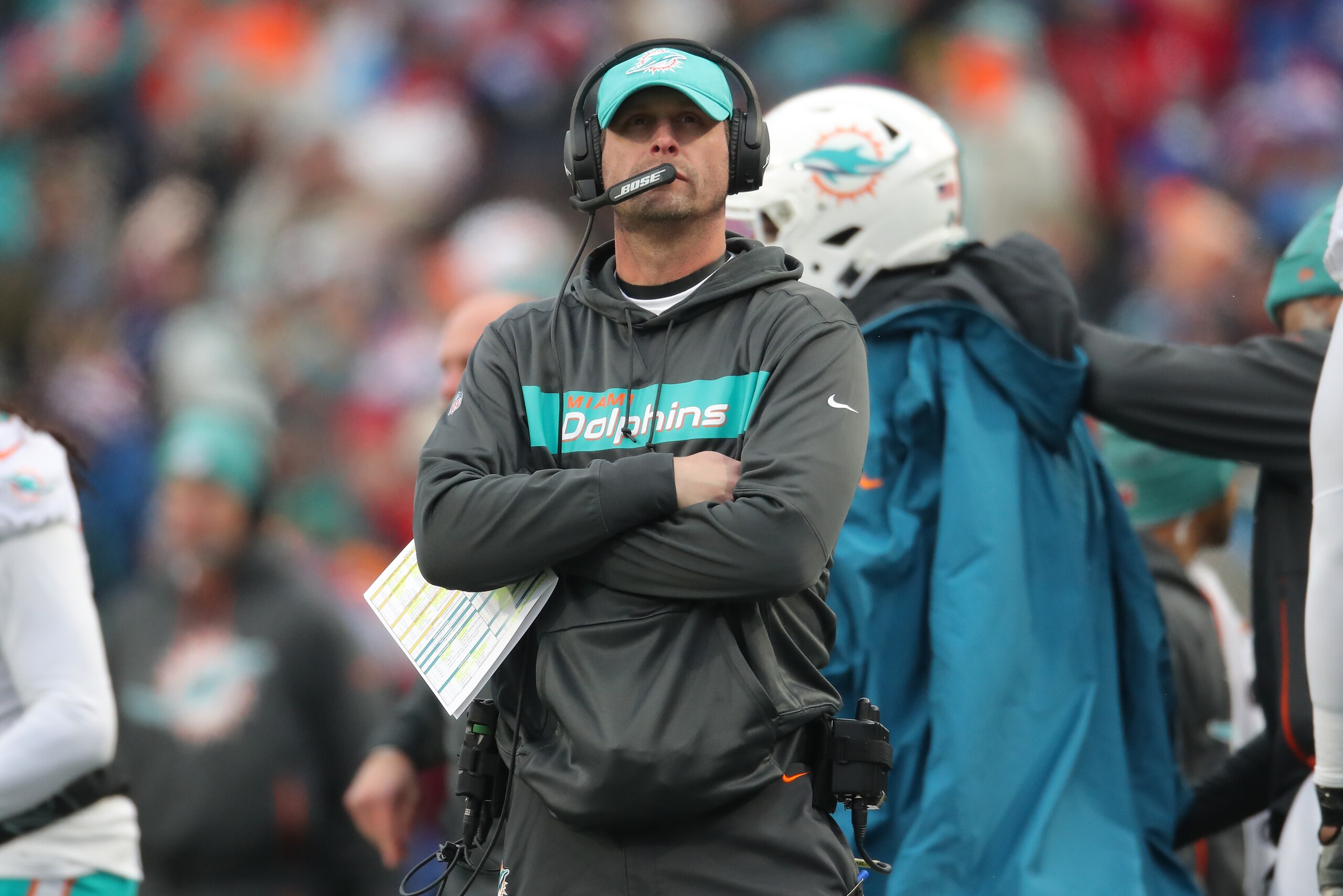 BUFFALO, NY - DECEMBER 30: Head coach Adam Gase of the Miami Dolphins looks on from the sideline during NFL game action against the Buffalo Bills at New Era Field on December 30, 2018 in Buffalo, New York. (Photo by Tom Szczerbowski/Getty Images)