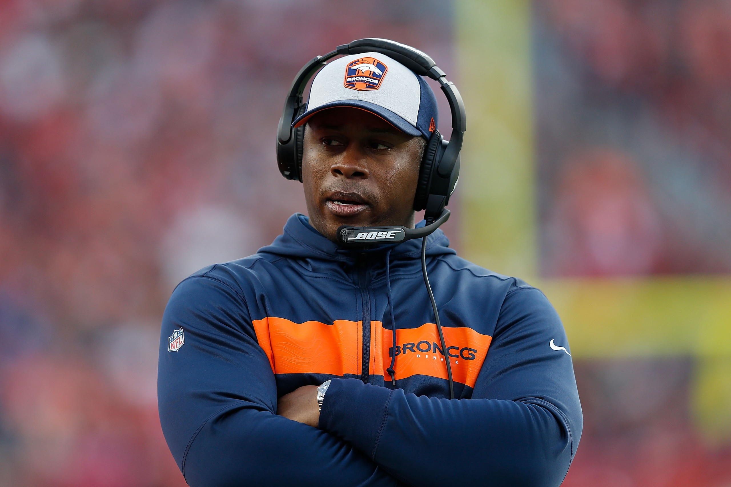 SANTA CLARA, CA - DECEMBER 09: Head coach Vance Joseph of the Denver Broncos looks on from the sideline during the game against the San Francisco 49ers at Levi's Stadium on December 9, 2018 in Santa Clara, California. (Photo by Lachlan Cunningham/Getty Im