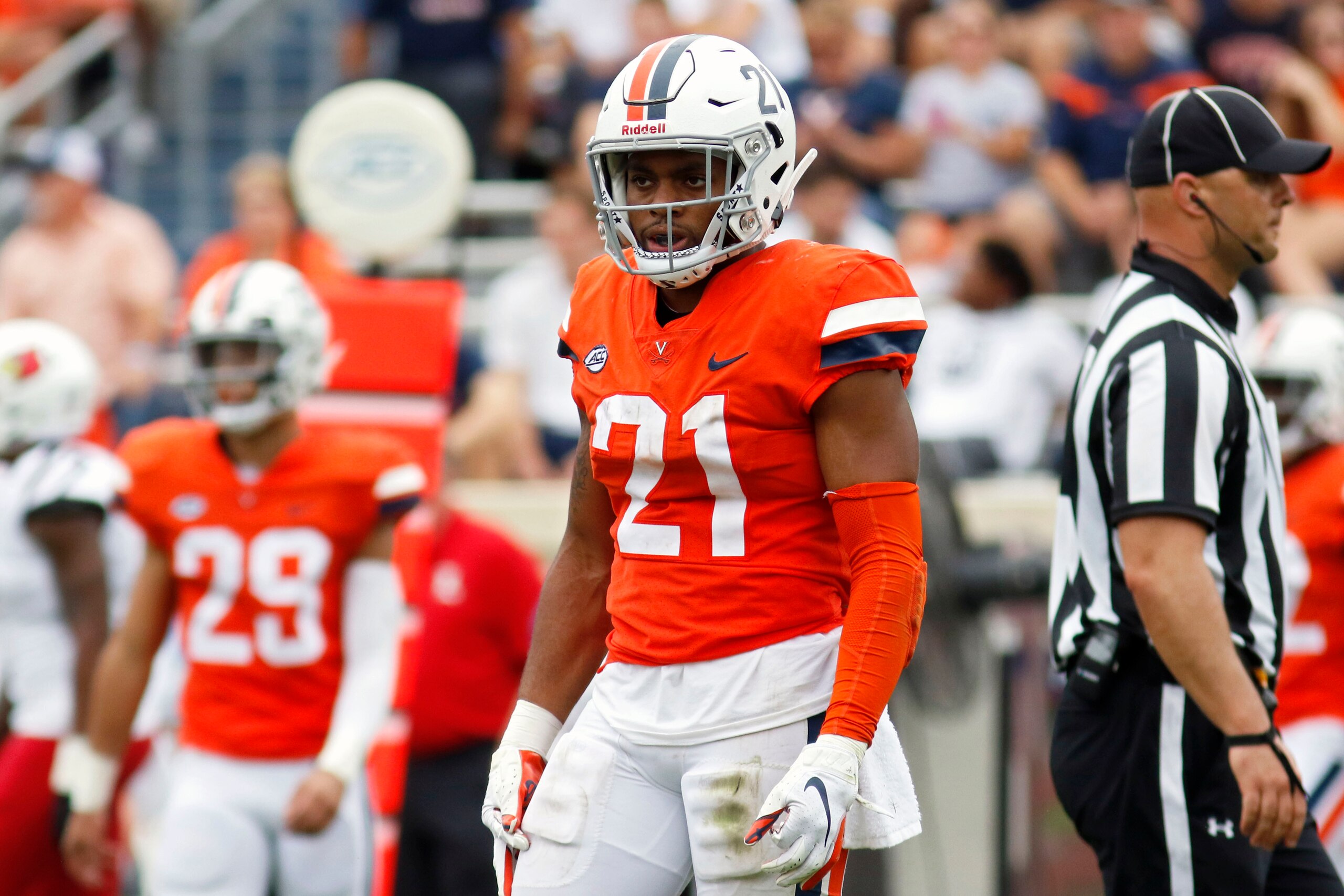 CHARLOTTESVILLE, VA - SEPTEMBER 22: Juan Thornhill #21 of the Virginia Cavaliers in the second half during a game at Scott Stadium on September 22, 2018 in Charlottesville, Virginia. (Photo by Ryan M. Kelly/Getty Images)