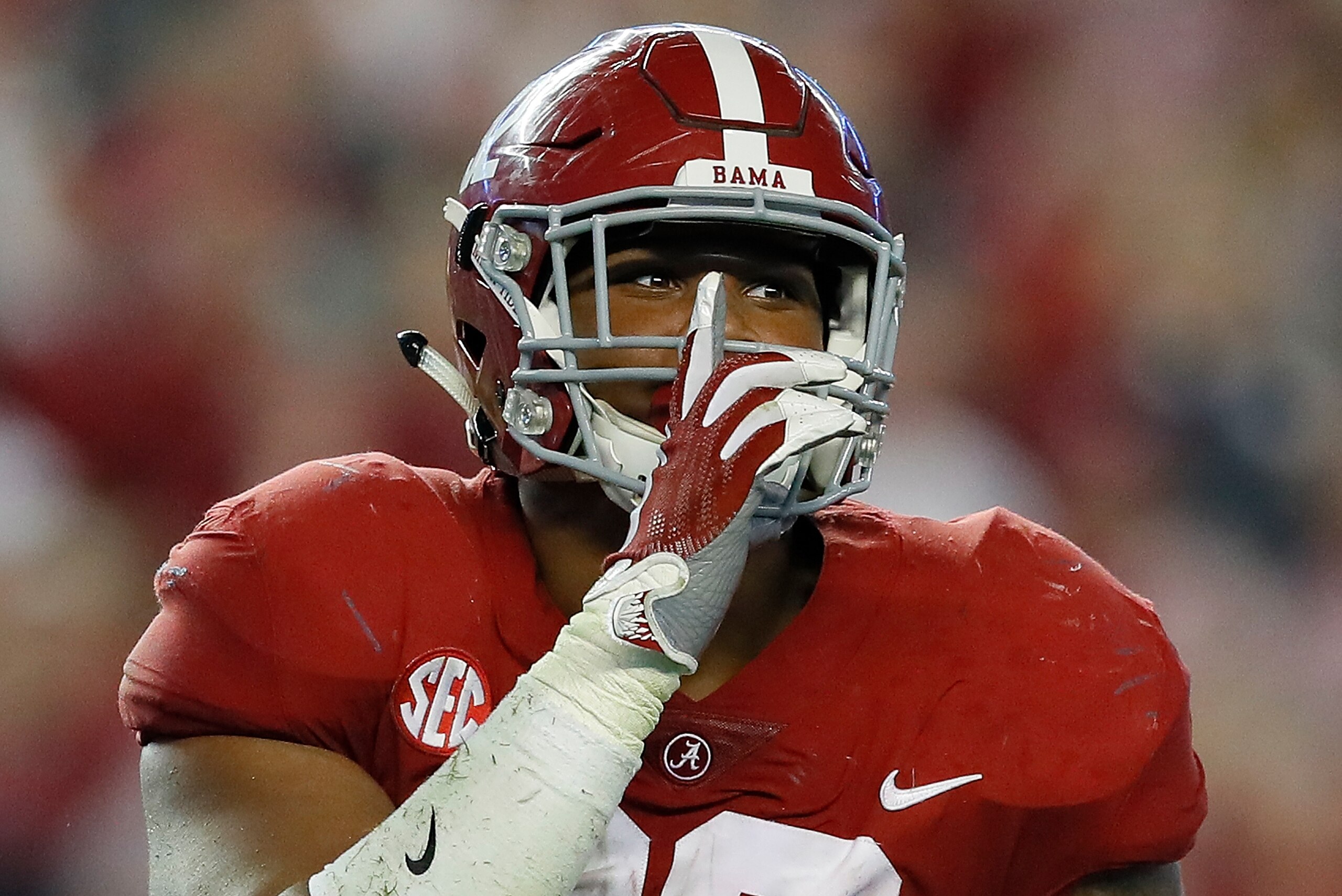 TUSCALOOSA, AL - NOVEMBER 04:  Quinnen Williams #92 of the Alabama Crimson Tide reacts after a sack against the LSU Tigers at Bryant-Denny Stadium on November 4, 2017 in Tuscaloosa, Alabama.  (Photo by Kevin C. Cox/Getty Images)