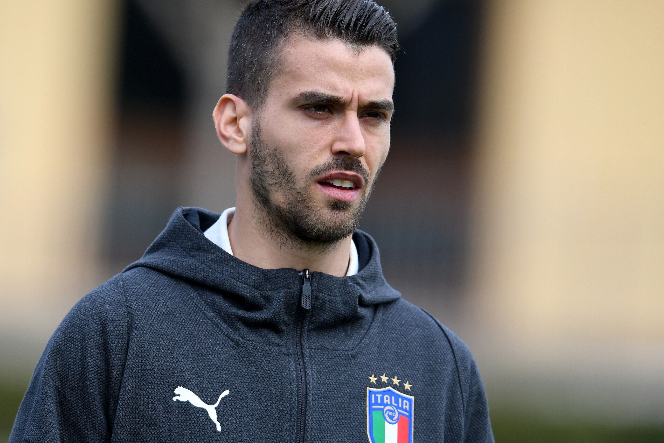 FLORENCE, ITALY - MARCH 20:  Leonardo Spinazzola of Italy looks on prior to the Italy training session at Centro Tecnico Federale di Coverciano on March 20, 2018 in Florence, Italy.  (Photo by Claudio Villa/Getty Images)