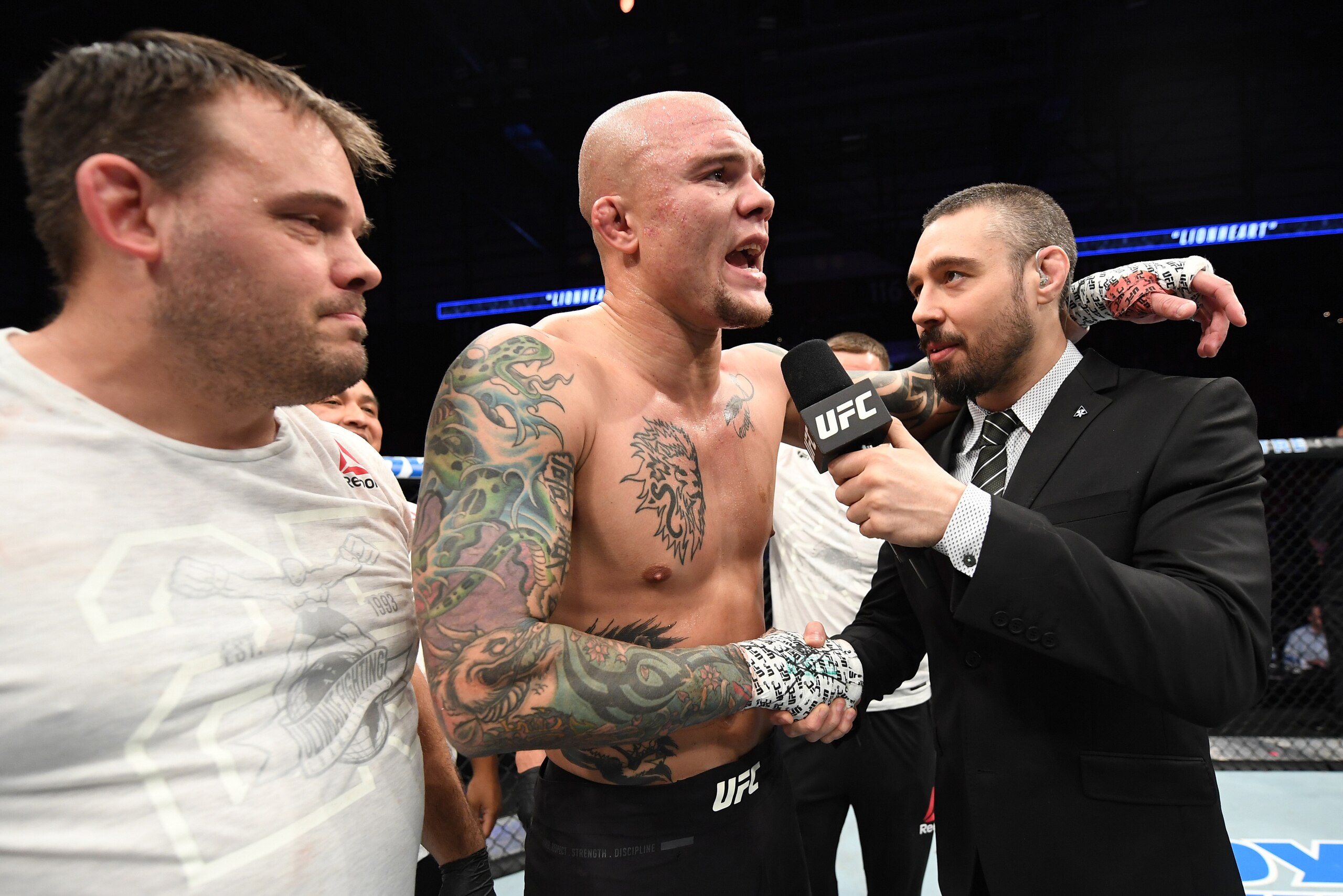 MONCTON, NB - OCTOBER 27:  Anthony Smith is interviewed by Dan Hardy after his submission victory over Volkan Oezdemir of Switzerland in their light heavyweight bout during the UFC Fight Night event inside Avenir Centre on October 27, 2018 in Moncton, New