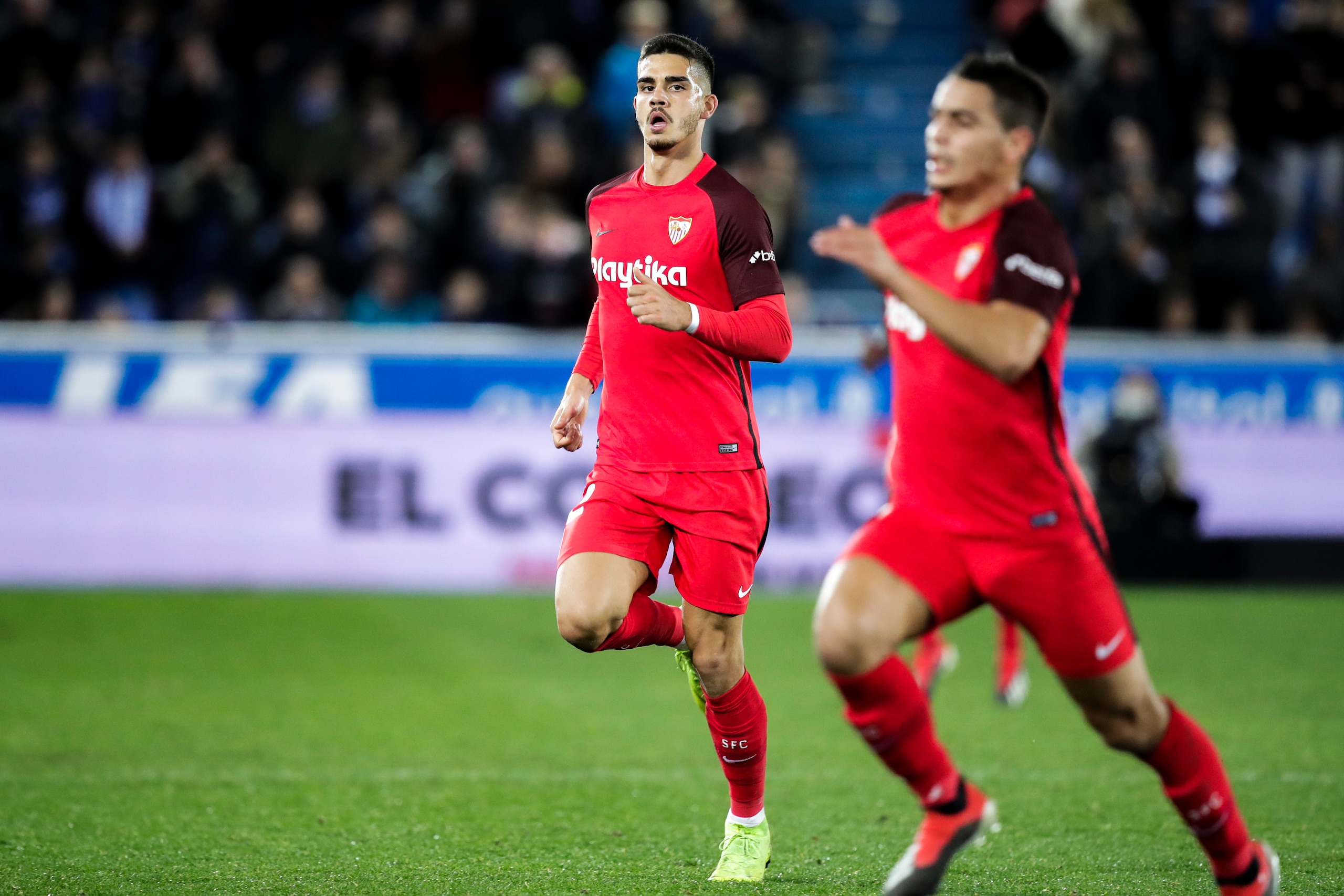 VITORIA GASTEIZ, SPAIN - DECEMBER 2: Andre Silva of Sevilla FC, Wissam Ben Yedder of Sevilla FC during the La Liga Santander match between Deportivo Alaves v Sevilla at the Estadio de Mendizorroza on December 2, 2018 in Vitoria Gasteiz Spain (Photo by Da VITORIA GASTEIZ, SPAIN - DECEMBER 2: Andre Silva of Sevilla FC, Wissam Ben Yedder of Sevilla FC during the La Liga Santander match between Deportivo Alaves v Sevilla at the Estadio de Mendizorroza on December 2, 2018 in Vitoria Gasteiz Spain (Photo by Da
