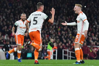 Blackpool's Irish midfielder Paudie O'Connor (C) celebrates scoring his team's first goal during the English League Cup football match between West Ham United and Tottenham Hotspur at The London Stadium, in east London on October 31, 2018. (Photo by Ben S