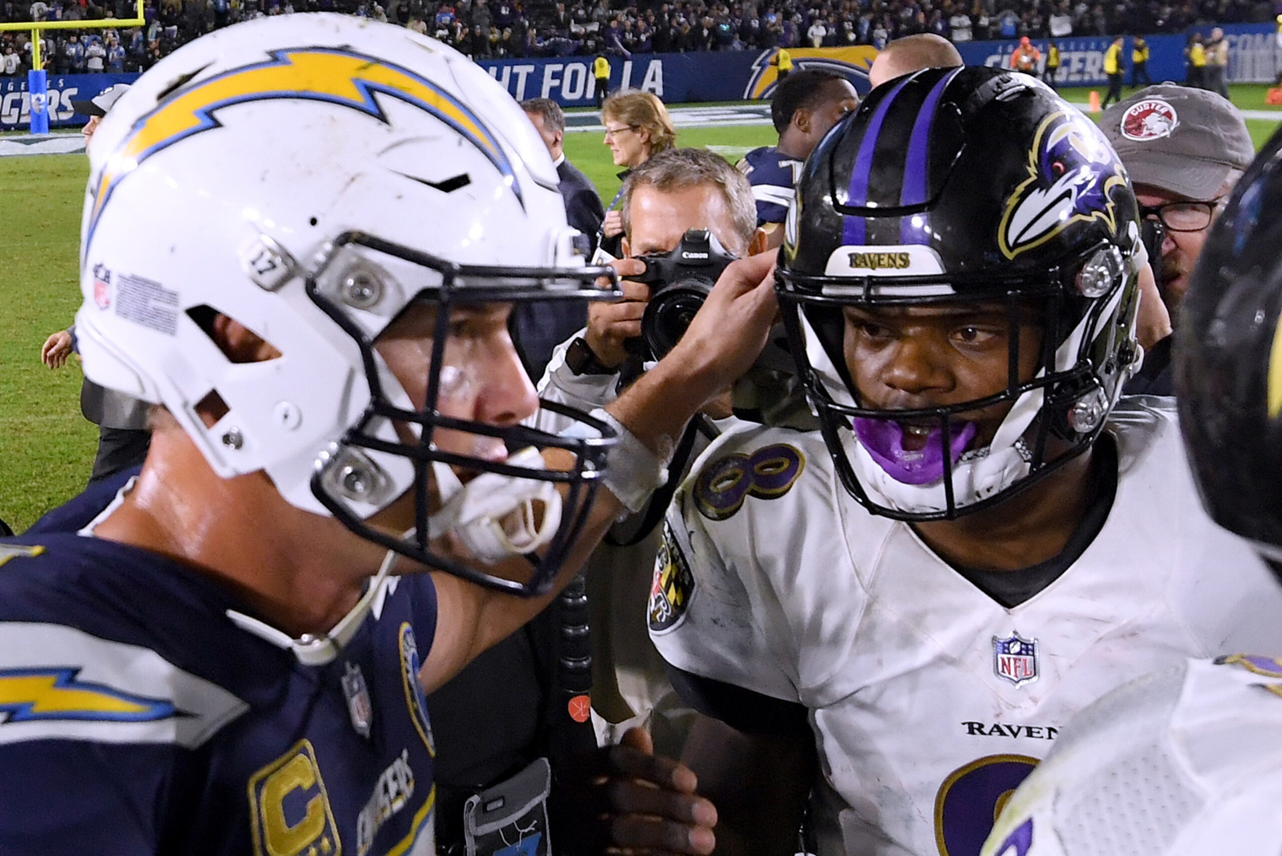 CARSON, CALIFORNIA - DECEMBER 22: Lamar Jackson #8 of the Baltimore Ravens and Philip Rivers #17 of the Los Angeles Chargers meet on the field after a 22-10 Ravens win at StubHub Center on December 22, 2018 in Carson, California. (Photo by Harry How/Get CARSON, CALIFORNIA - DECEMBER 22: Lamar Jackson #8 of the Baltimore Ravens and Philip Rivers #17 of the Los Angeles Chargers meet on the field after a 22-10 Ravens win at StubHub Center on December 22, 2018 in Carson, California. (Photo by Harry How/Get
