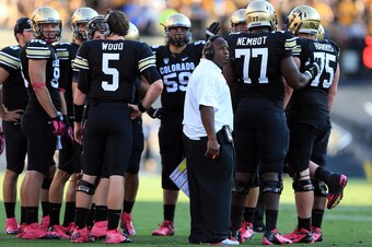 BOULDER, CO - SEPTEMBER 29:  Offensive coordinator Eric Bieniemy leads the Colorado Buffaloes against the UCLA Bruins at Folsom Field on September 29, 2012 in Boulder, Colorado. UCLA defeated Colorado 42-14.  (Photo by Doug Pensinger/Getty Images)