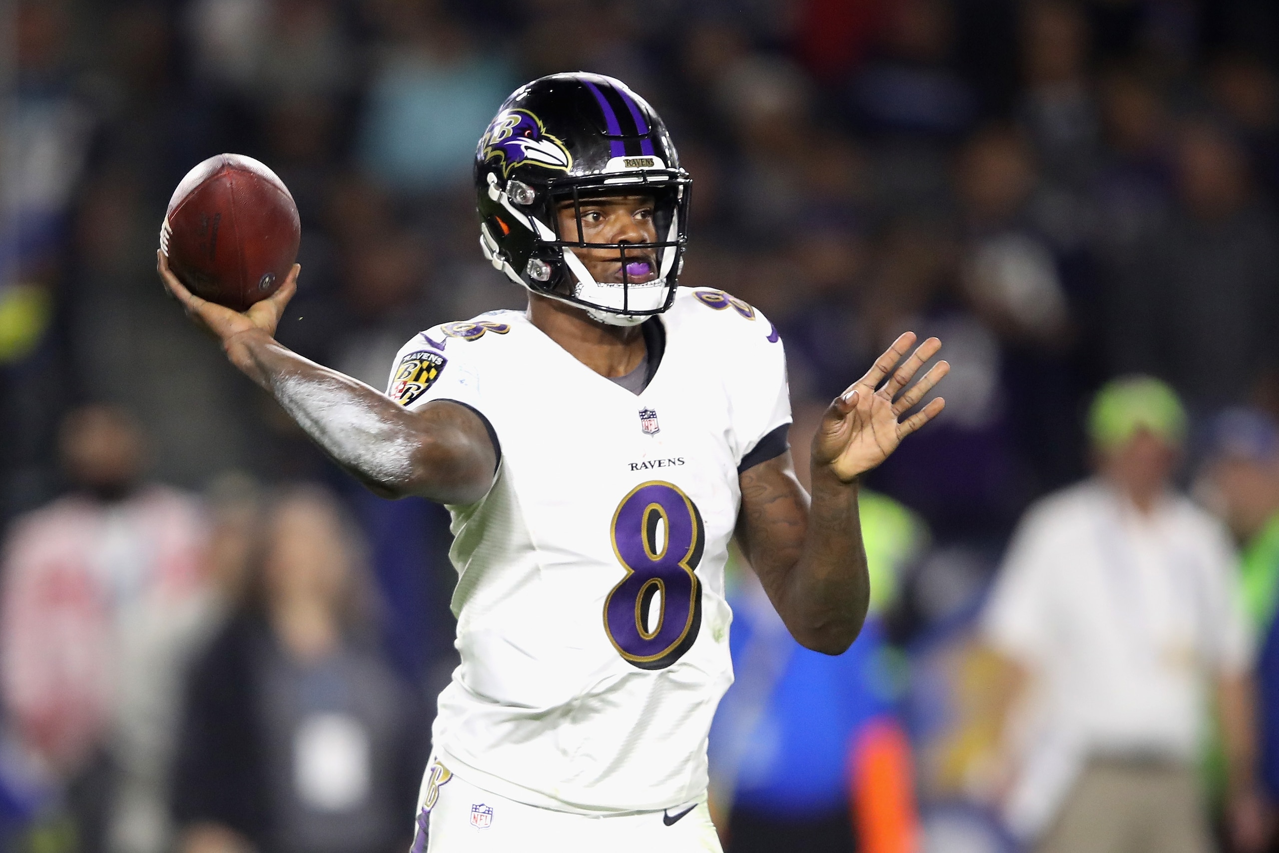CARSON, CA - DECEMBER 22: Lamar Jackson #8 of the Baltimore Ravens looks to pass during the second half of a game agains the Los Angeles Chargers at StubHub Center on December 22, 2018 in Carson, California. (Photo by Sean M. Haffey/Getty Images) CARSON, CA - DECEMBER 22: Lamar Jackson #8 of the Baltimore Ravens looks to pass during the second half of a game agains the Los Angeles Chargers at StubHub Center on December 22, 2018 in Carson, California. (Photo by Sean M. Haffey/Getty Images)