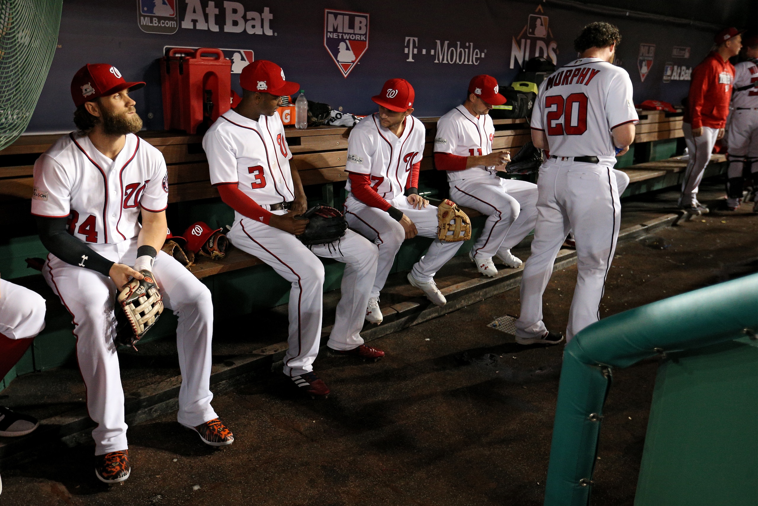WASHINGTON, DC - OCTOBER 13: Bryce Harper #34 of the Washington Nationals looks on before playing the Chicago Cubs in game five of the National League Division Series at Nationals Park on October 13, 2017 in Washington, DC. (Photo by Patrick Smith/Getty I