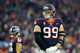 HOUSTON, TX - DECEMBER 30:  J.J. Watt #99 of the Houston Texans reacts in the second half against the Jacksonville Jaguars at NRG Stadium on December 30, 2018 in Houston, Texas.  (Photo by Tim Warner/Getty Images)