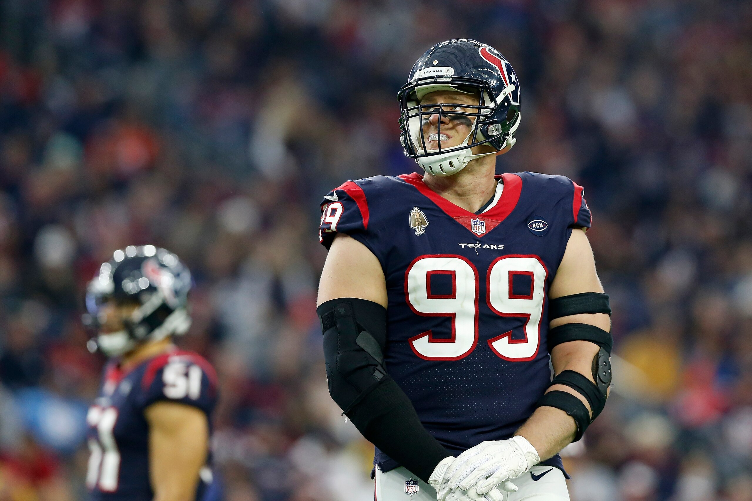 HOUSTON, TX - DECEMBER 30:  J.J. Watt #99 of the Houston Texans reacts in the second half against the Jacksonville Jaguars at NRG Stadium on December 30, 2018 in Houston, Texas.  (Photo by Tim Warner/Getty Images)