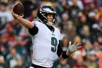 LANDOVER, MD - DECEMBER 30: Nick Foles #9 of the Philadelphia Eagles looks to pass against the Washington Redskins during the first half at FedExField on December 30, 2018 in Landover, Maryland. (Photo by Will Newton/Getty Images)
