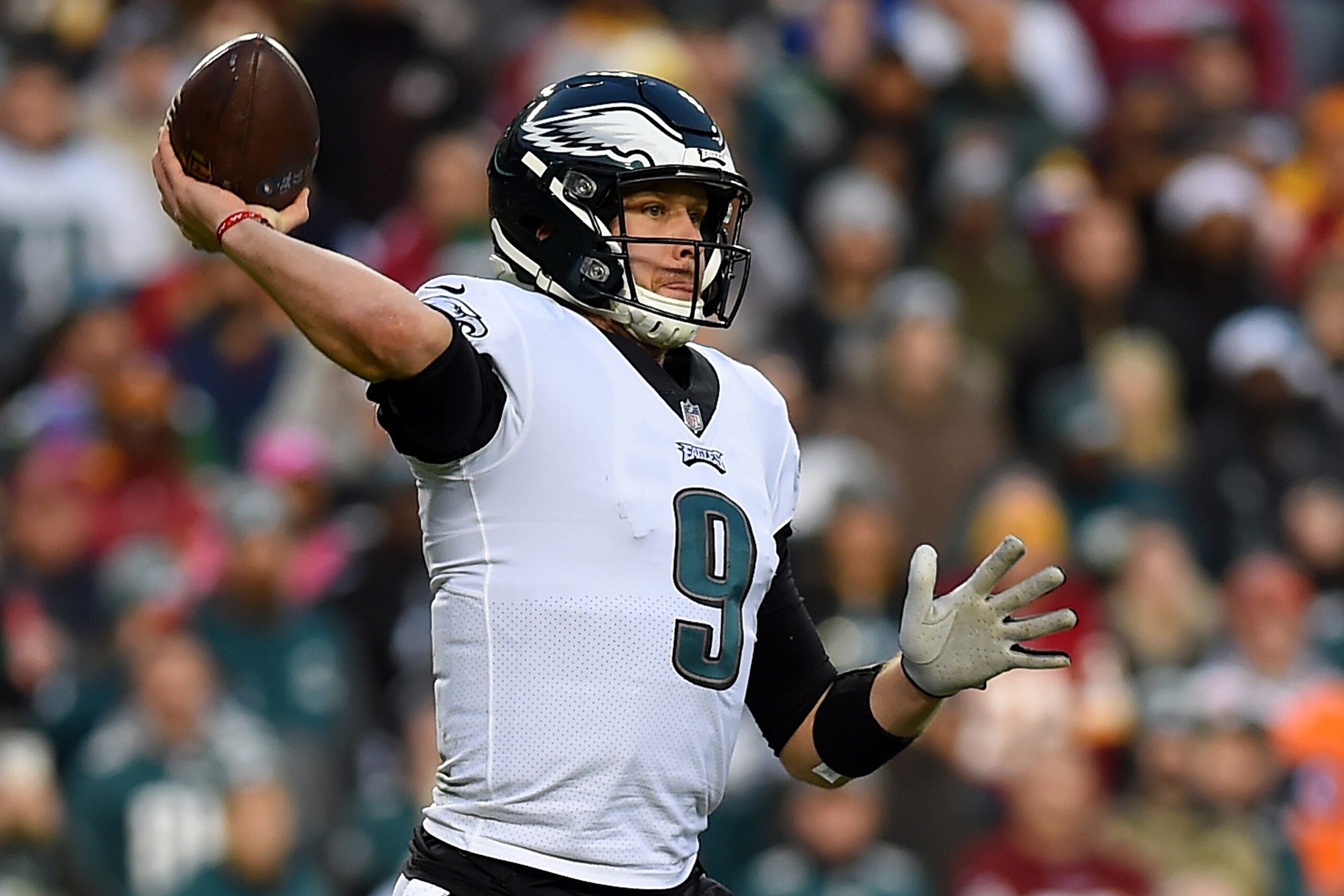 LANDOVER, MD - DECEMBER 30: Nick Foles #9 of the Philadelphia Eagles looks to pass against the Washington Redskins during the first half at FedExField on December 30, 2018 in Landover, Maryland. (Photo by Will Newton/Getty Images)