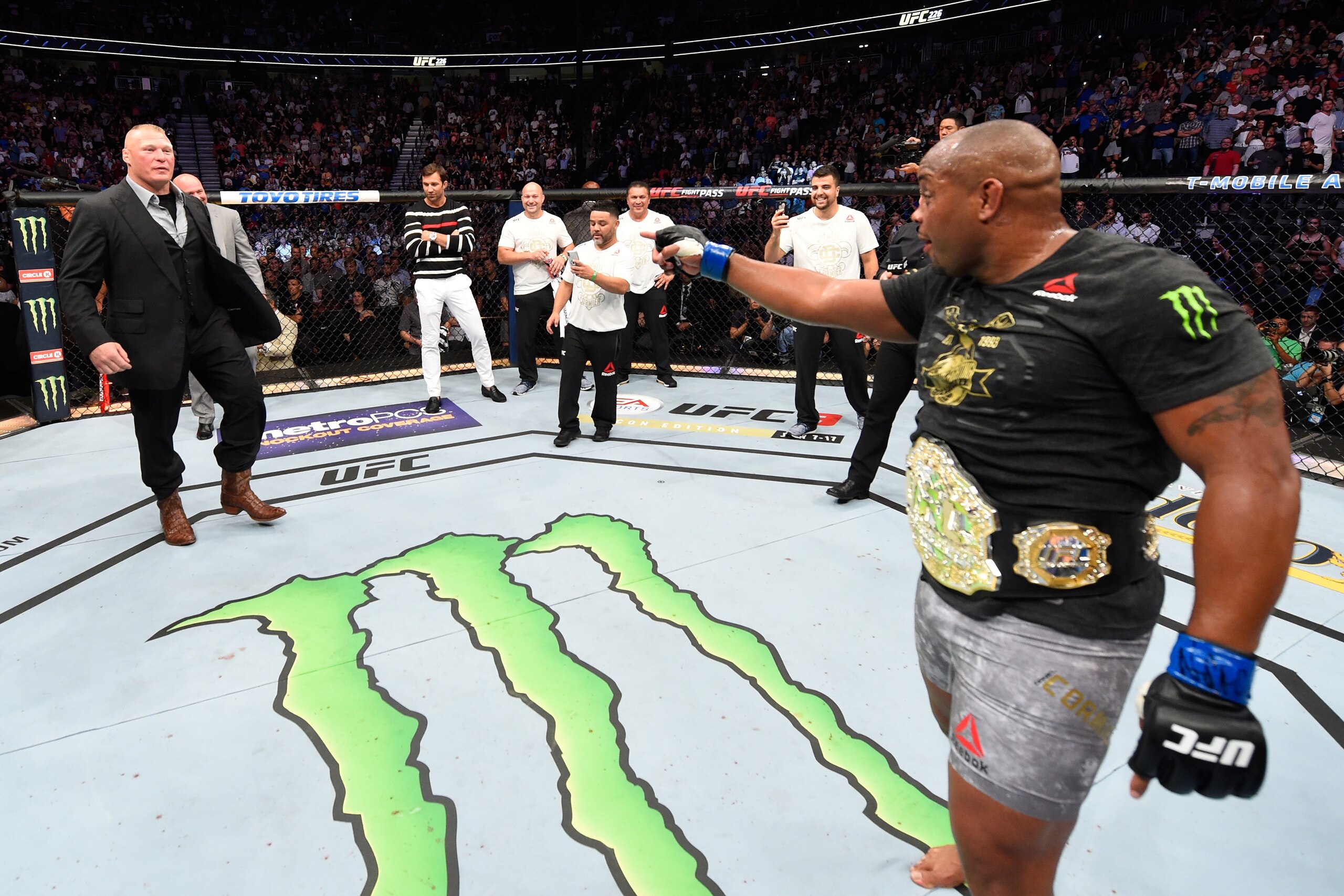 LAS VEGAS, NV - JULY 07:  Daniel Cormier confronts Brock Lesnar in the Octagon after his UFC heavyweight championship fight during the UFC 226 event inside T-Mobile Arena on July 7, 2018 in Las Vegas, Nevada.  (Photo by Josh Hedges/Zuffa LLC/Zuffa LLC via