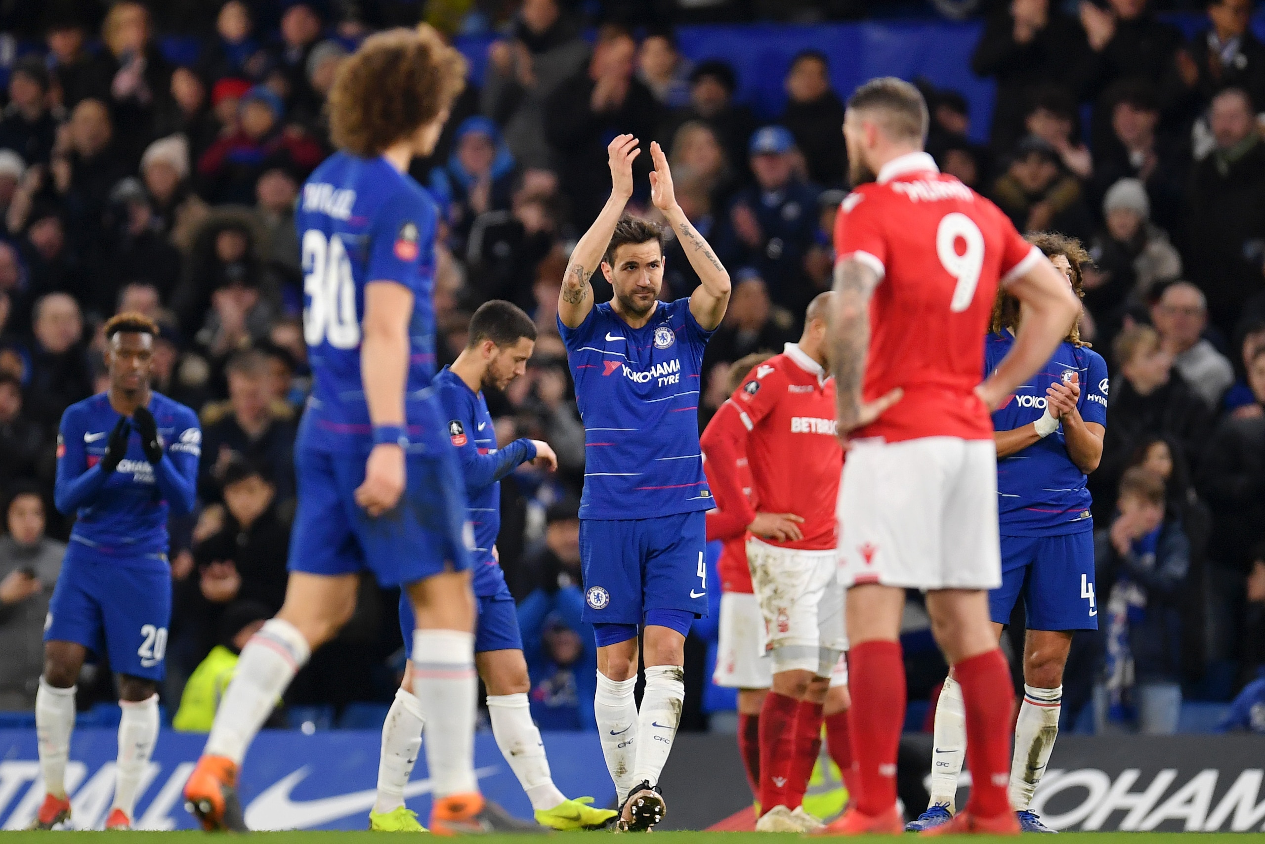 LONDON, ENGLAND - JANUARY 05:  Cesc Fabregas of Chelsea acknowledges the fans as he leaves the pitch to be subbed during the FA Cup Third Round match between Chelsea and Nottingham Forest at Stamford Bridge on January 5, 2019 in London, United Kingdom.  (