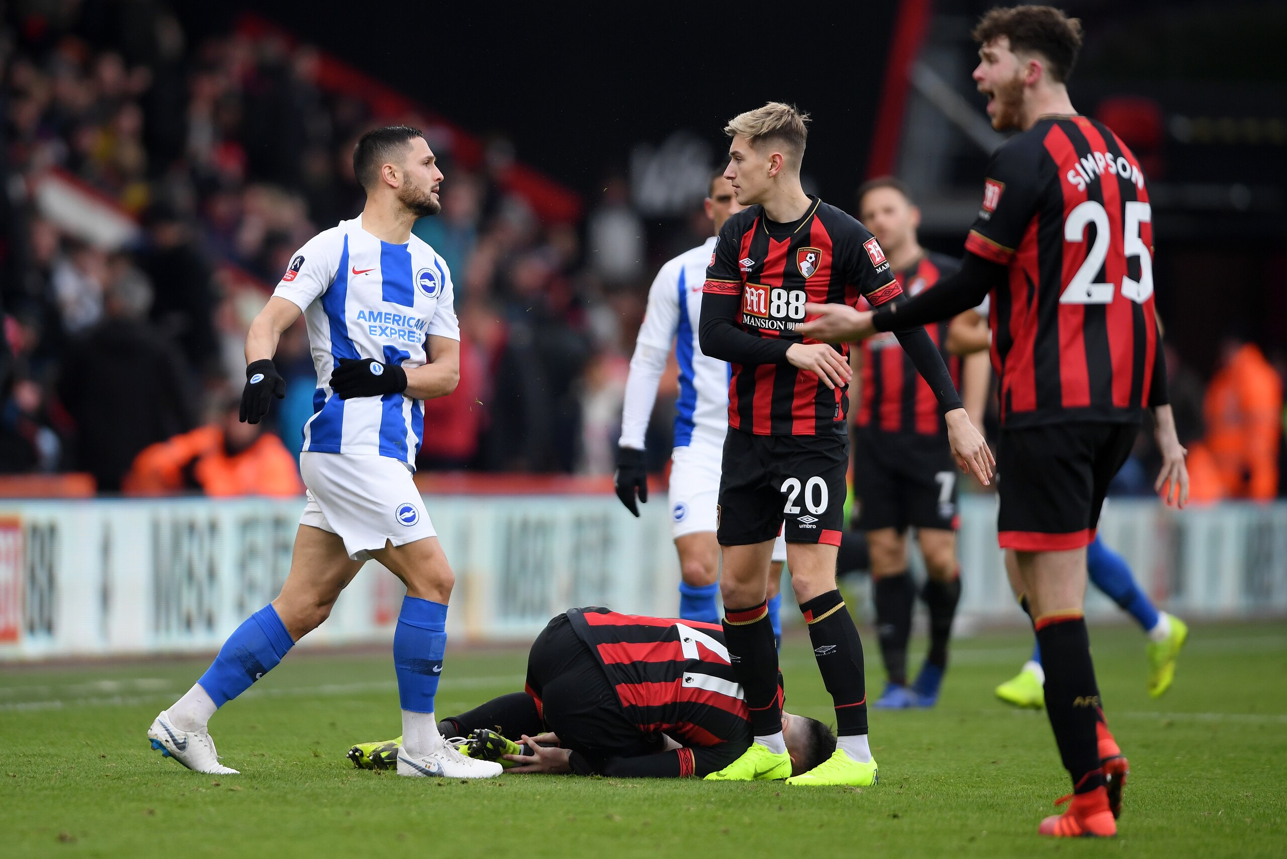 BOURNEMOUTH, ENGLAND - JANUARY 05:  David Brooks of AFC Bournemouth clashes with Florin Andone of Brighton and Hove Albion during the FA Cup Third Round match between AFC Bournemouth and Brighton and Hove Albion at Vitality Stadium on January 5, 2019 in B