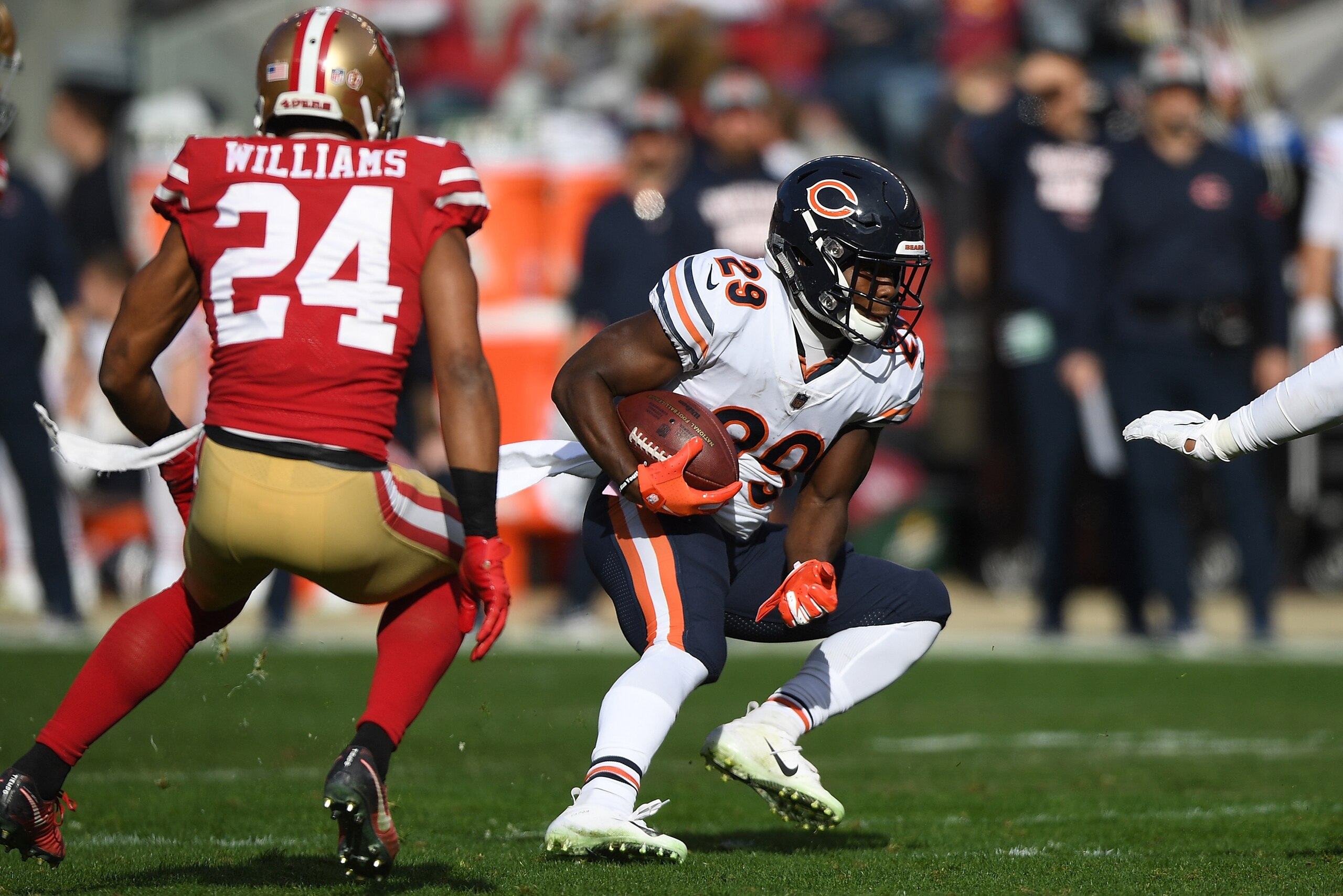 SANTA CLARA, CA - DECEMBER 23:  Tarik Cohen #29 of the Chicago Bears carries the ball against the San Francisco 49ers during the first half of an NFL football game at Levi's Stadium on December 23, 2018 in Santa Clara, California.  (Photo by Thearon W. He
