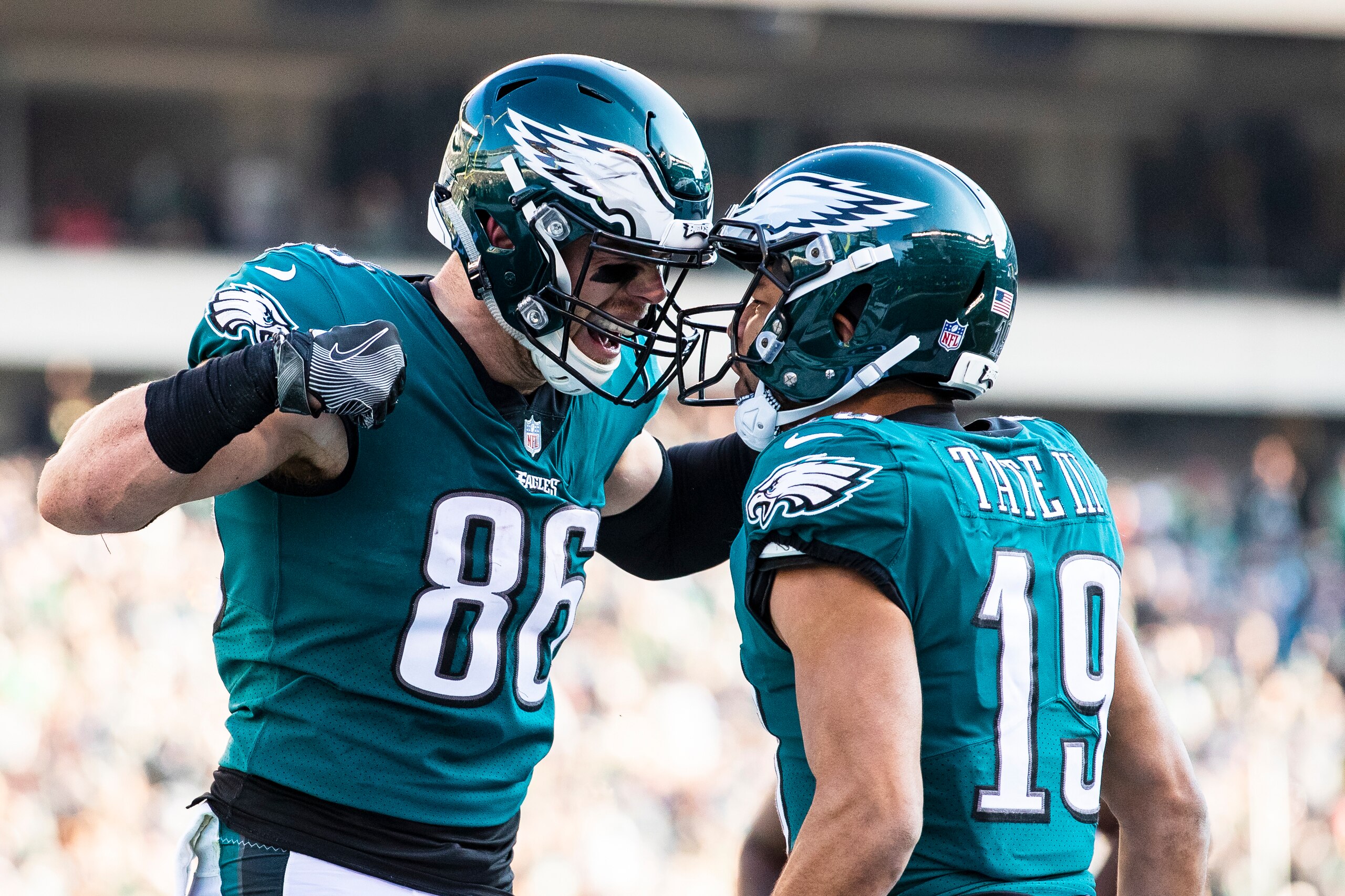PHILADELPHIA, PA - DECEMBER 23: Zach Ertz #86 of the Philadelphia Eagles celebrates a touchdown reception with Golden Tate #19 during the second quarter against the Houston Texans at Lincoln Financial Field on December 23, 2018 in Philadelphia, Pennsylva PHILADELPHIA, PA - DECEMBER 23: Zach Ertz #86 of the Philadelphia Eagles celebrates a touchdown reception with Golden Tate #19 during the second quarter against the Houston Texans at Lincoln Financial Field on December 23, 2018 in Philadelphia, Pennsylva