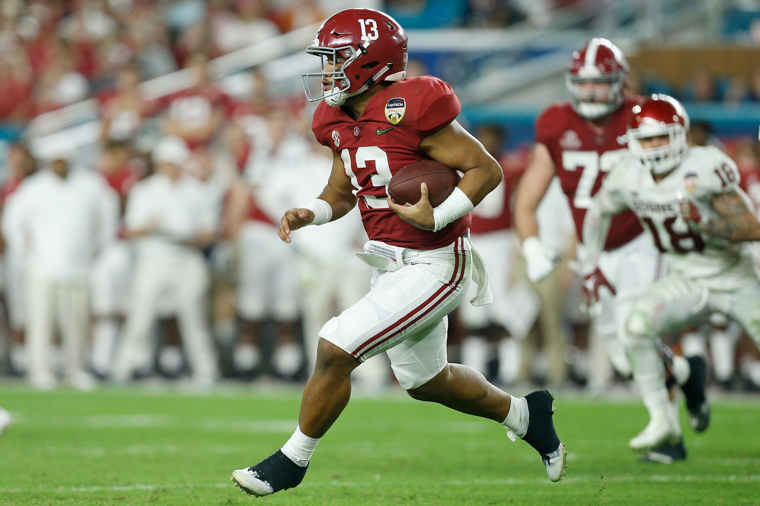 MIAMI, FL - DECEMBER 29:  Tua Tagovailoa #13 of the Alabama Crimson Tide in action against the Oklahoma Sooners during the College Football Playoff Semifinal at the Capital One Orange Bowl at Hard Rock Stadium on December 29, 2018 in Miami, Florida.  (Pho