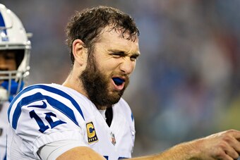 NASHVILLE, TN - DECEMBER 30:  Andrew Luck #12 of the Indianapolis Colts on the sidelines during a game against the Tennessee Titans at Nissan Stadium on December 30, 2018 in Nashville, Tennessee.  The Colts defeated the Titans 33-17.   (Photo by Wesley Hi