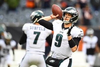 CHICAGO, ILLINOIS - JANUARY 06:  Nick Foles #9 of the Philadelphia Eagles warms up prior to the NFC Wild Card Playoff game against the Chicago Bears at Soldier Field on January 06, 2019 in Chicago, Illinois. (Photo by Stacy Revere/Getty Images)