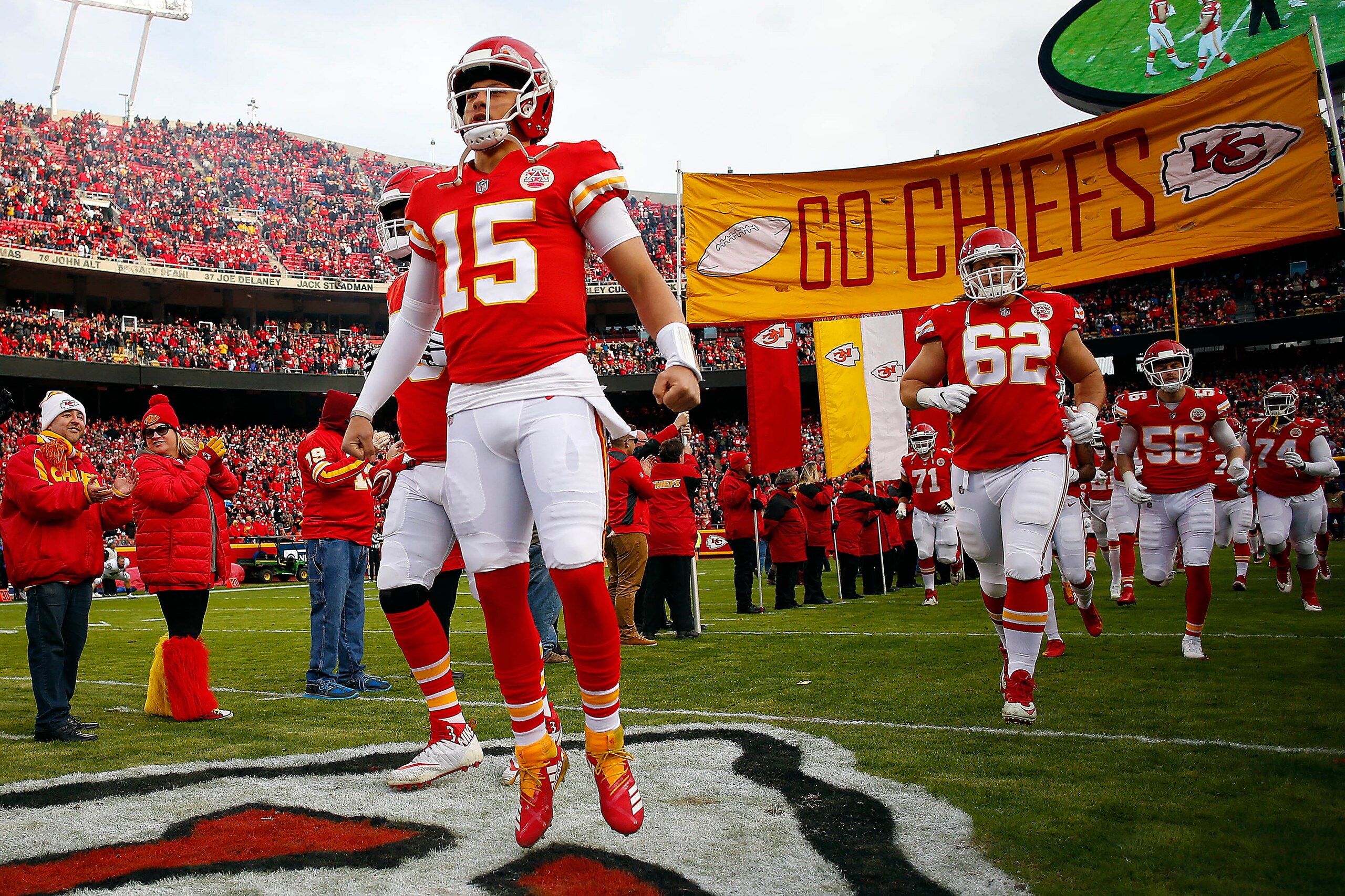 KANSAS CITY, MISSOURI - DECEMBER 30:  Quarterback Patrick Mahomes #15 of the Kansas City Chiefs during player introductions prior to the game against the Oakland Raiders at Arrowhead Stadium on December 30, 2018 in Kansas City, Missouri. (Photo by Jamie S