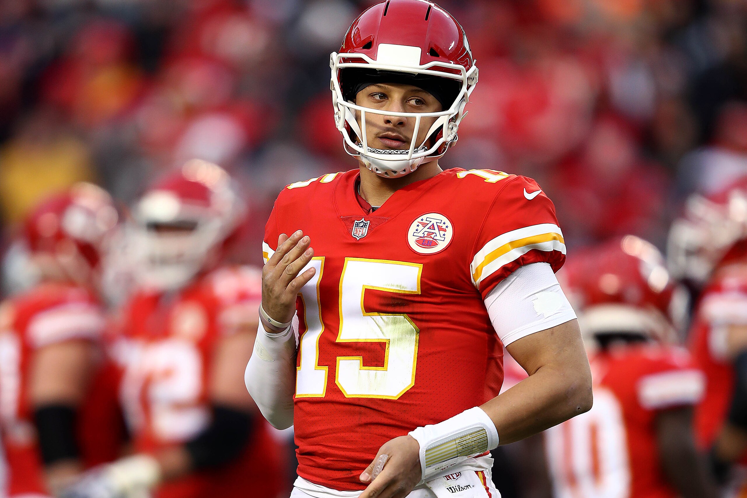KANSAS CITY, MISSOURI - DECEMBER 30:  Quarterback Patrick Mahomes #15 of the Kansas City Chiefs in action during the game against the Oakland Raiders at Arrowhead Stadium on December 30, 2018 in Kansas City, Missouri. (Photo by Jamie Squire/Getty Images)