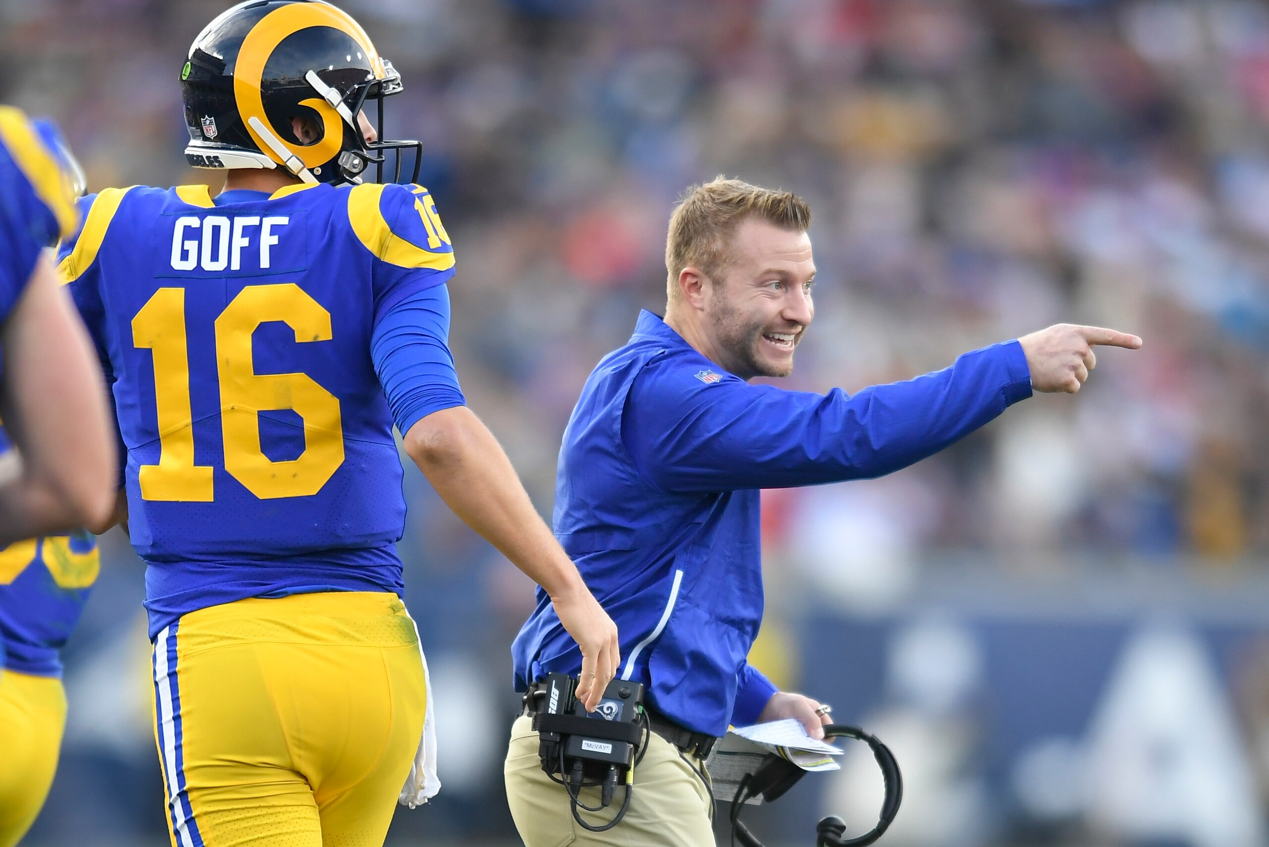 LOS ANGELES, CA - DECEMBER 30: Head coach Sean McVay of the Los Angeles Rams points to the field after a touchdown in the second quarter against the San Francisco 49ers at Los Angeles Memorial Coliseum on December 30, 2018 in Los Angeles, California. (Pho