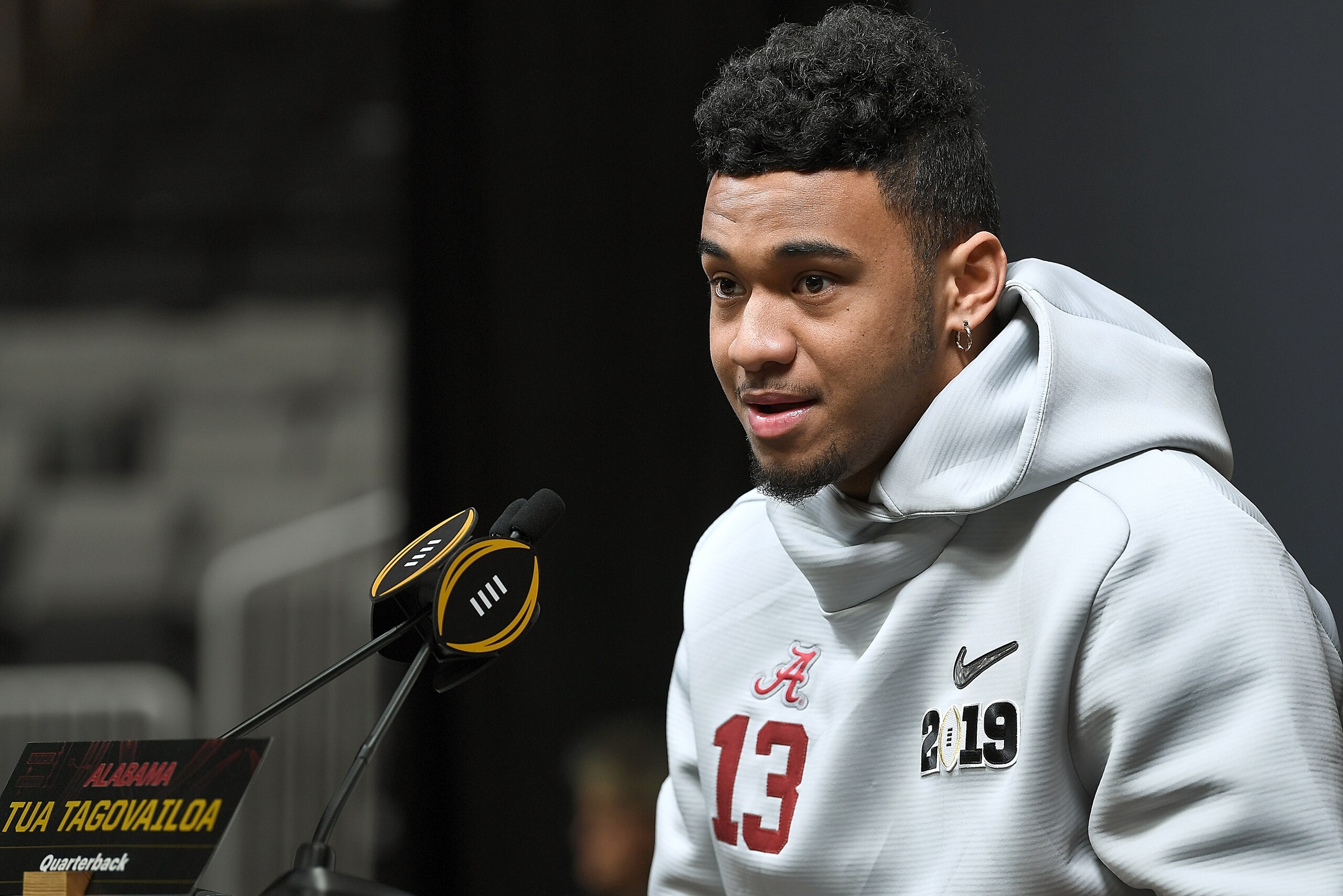 SAN JOSE, CA - JANUARY 05:  Tua Tagovailoa #13 of the Alabama Crimson Tide speaks to the media during the College Football Playoff National Championship Media Day at SAP Center on January 5, 2019 in San Jose, California.  (Photo by Thearon W. Henderson/Ge