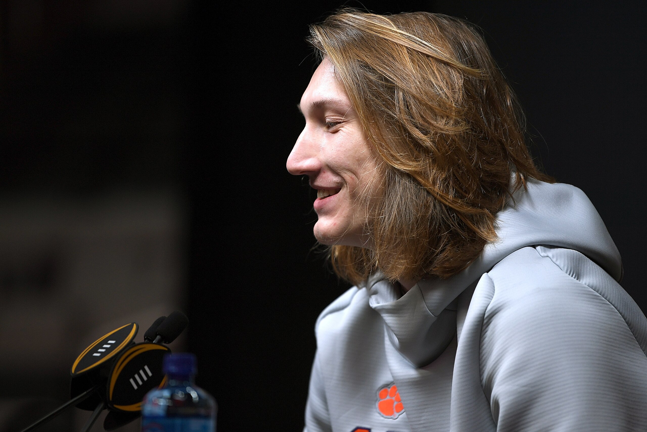 SAN JOSE, CA - JANUARY 05:  Trevor Lawrence #16 of the Clemson Tigers speaks to the media during the College Football Playoff National Championship Media Day at SAP Center on January 5, 2019 in San Jose, California.  (Photo by Thearon W. Henderson/Getty I