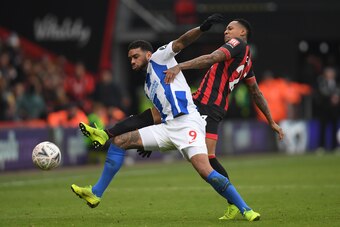 BOURNEMOUTH, ENGLAND - JANUARY 05: Jurgen Locadia of Brighton & Hove Albion is challenged by debutant Nathaniel Clyne of Bournemouth during the FA Cup Third Round match between Bournemouth and Brighton and Hove Albion at Vitality Stadium on January 05, 20