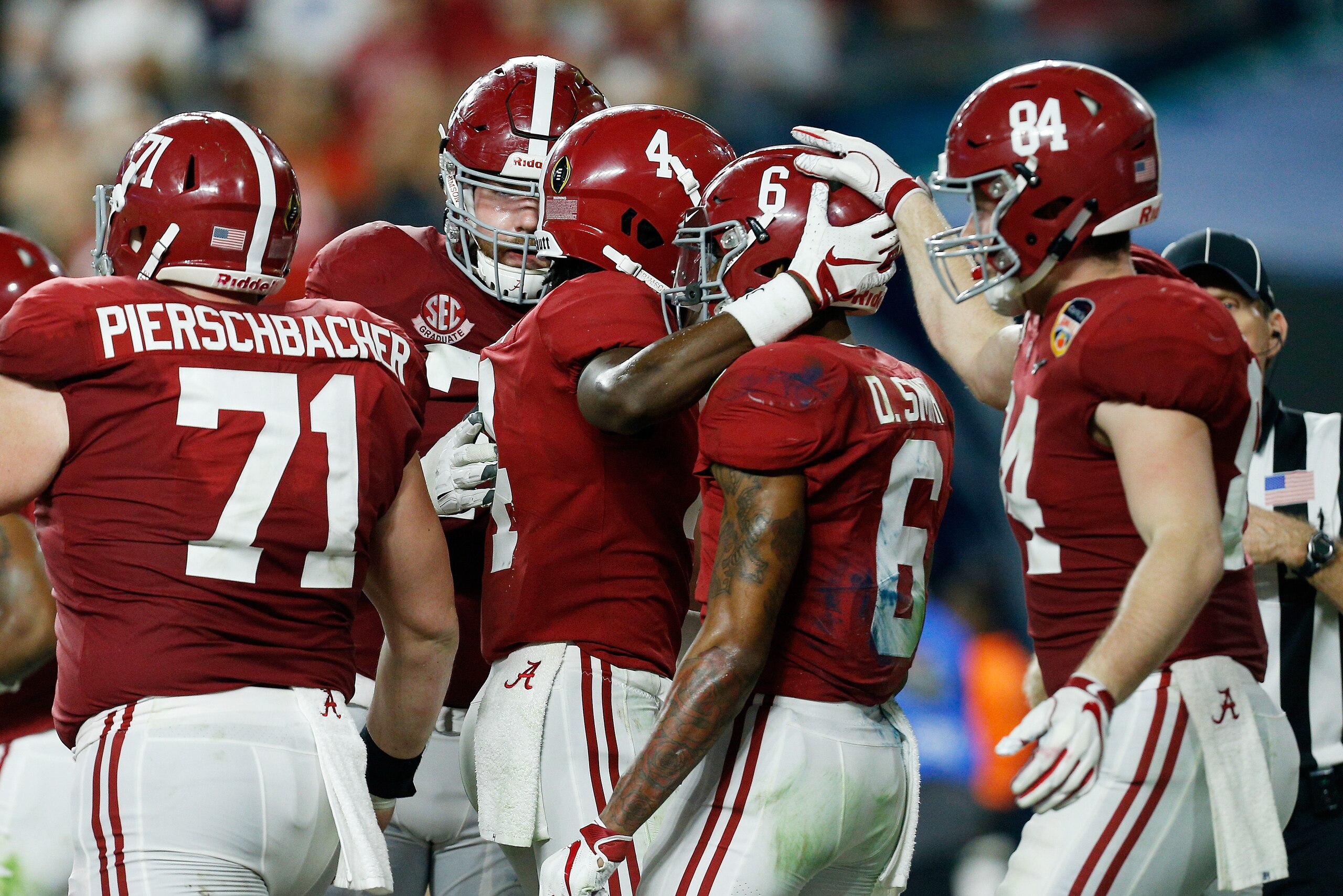 MIAMI, FL - DECEMBER 29: Jerry Jeudy #4 and DeVonta Smith #6 of the Alabama Crimson Tide celebrate after the touchdown during the College Football Playoff Semifinal against the Oklahoma Sooners at the Capital One Orange Bowl at Hard Rock Stadium on Decemb