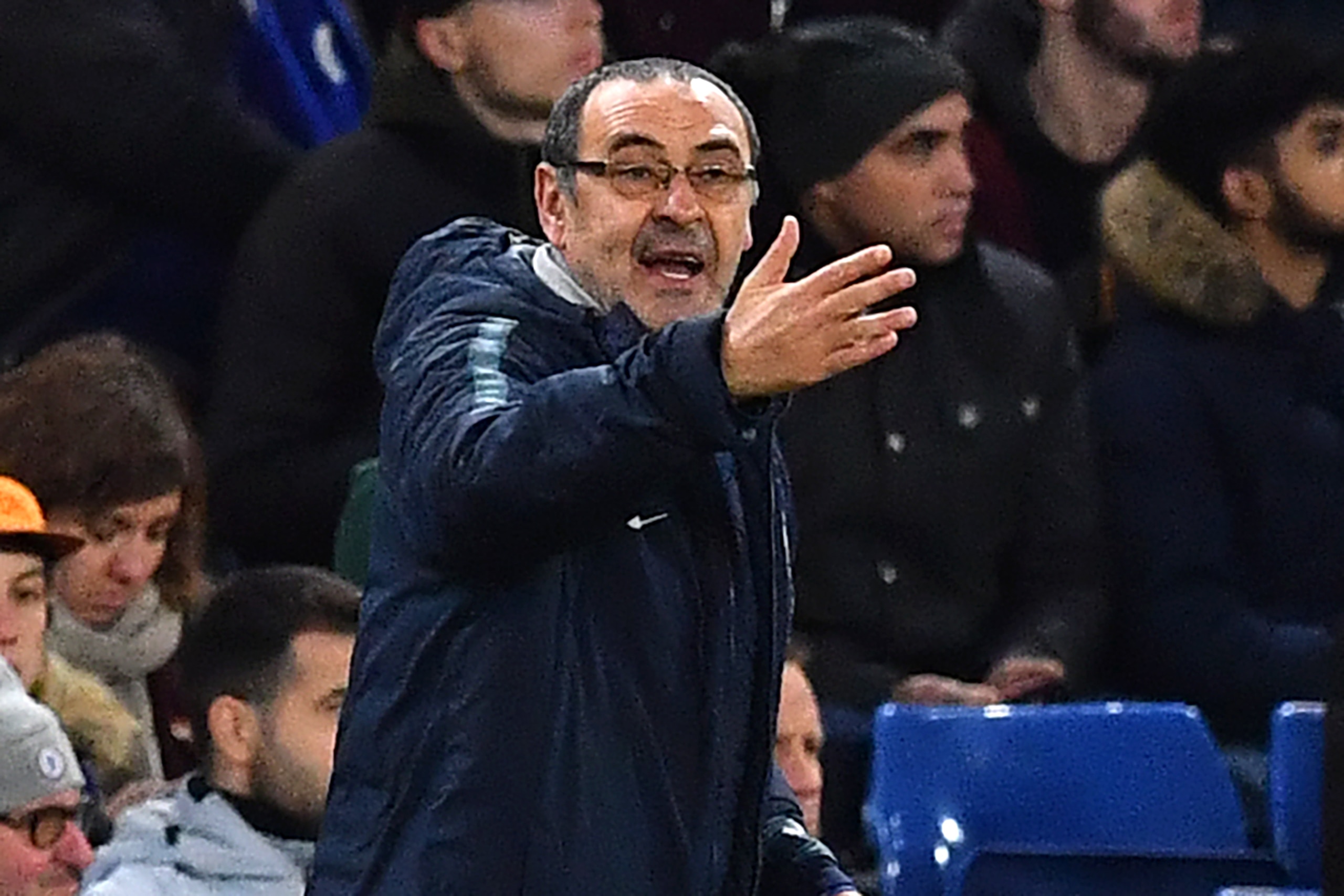 Chelsea's Italian head coach Maurizio Sarri gestures on the touchline during the English Premier League football match between Chelsea and Southampton at Stamford Bridge in London on January 2, 2019. (Photo by Ben STANSALL / AFP) / RESTRICTED TO EDITORIAL Chelsea's Italian head coach Maurizio Sarri gestures on the touchline during the English Premier League football match between Chelsea and Southampton at Stamford Bridge in London on January 2, 2019. (Photo by Ben STANSALL / AFP) / RESTRICTED TO EDITORIAL