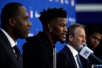 Sixers GM Elton Brand, left, Jimmy Butler, center, and Sixers owner Josh Harris, right, all have a major stake in Jimmy Butler's happiness.