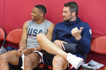 LAS VEGAS, NV - JULY 26: Russell Westbrook and Kevin Love talk before USAB Minicamp Practice at Mendenhall Center on the University of Nevada, Las Vegas campus on July 26, 2018 in Las Vegas, Nevada. NOTE TO USER: User expressly acknowledges and agrees tha